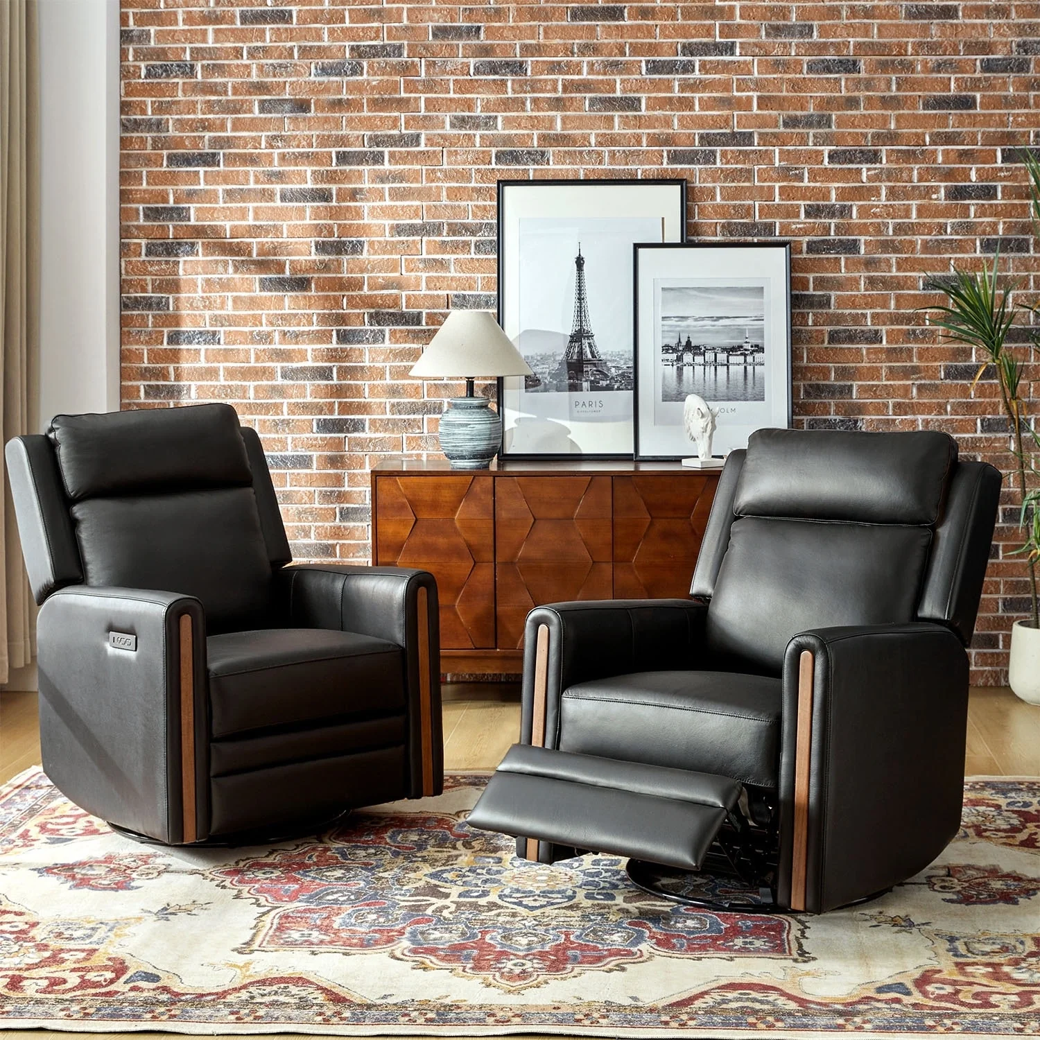 Jaime Modern Genuine Leather Power Rocking Swivel Recliner with Adjustable Headrest and Footrest Set of 2 by HULALA HOME