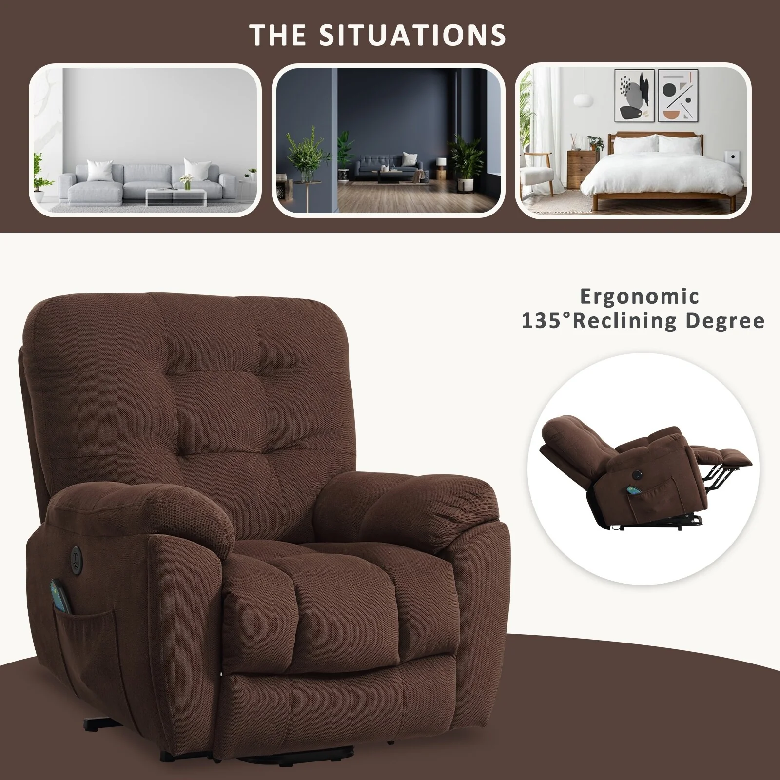 Grey Power Lift Recliner with Vibration Massage, Heat, USB, and Hidden Cup Holders
