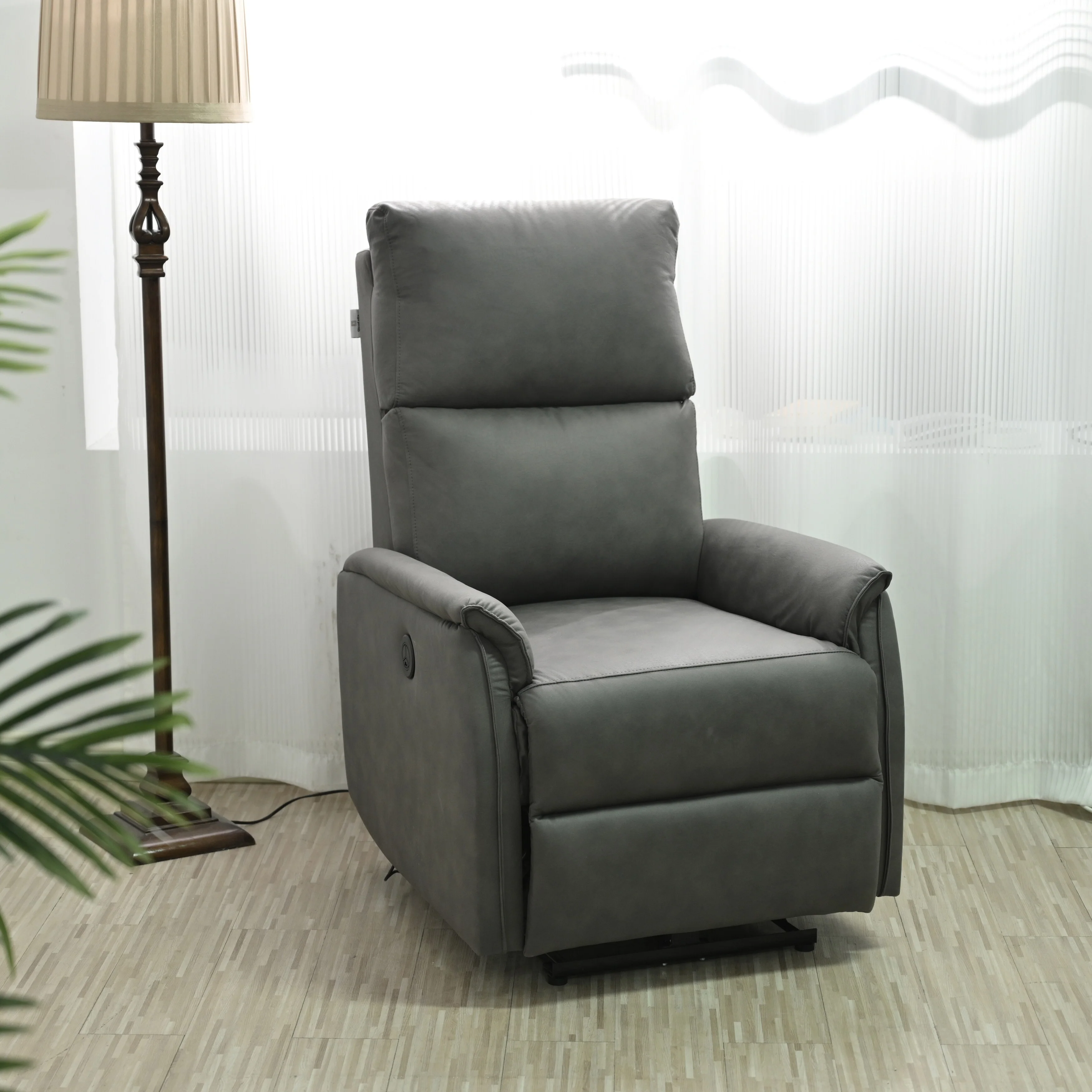 Grey Electric Reclining Chair with USB, Side Control, and Compact Design