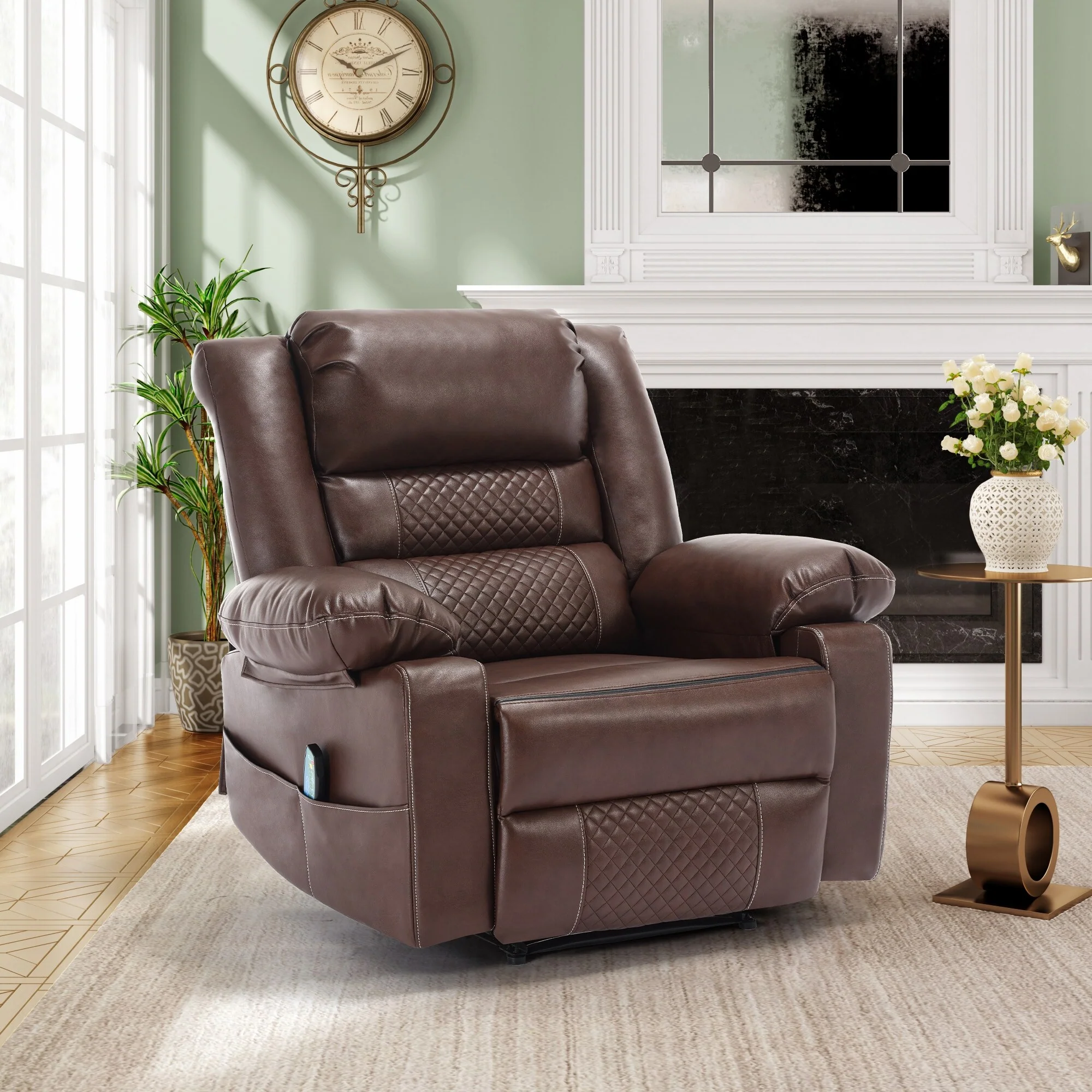 Brown Manual Leather Massage Recliner with 8-Point Vibration, Lumbar Heating, and Multi-Reclining Options