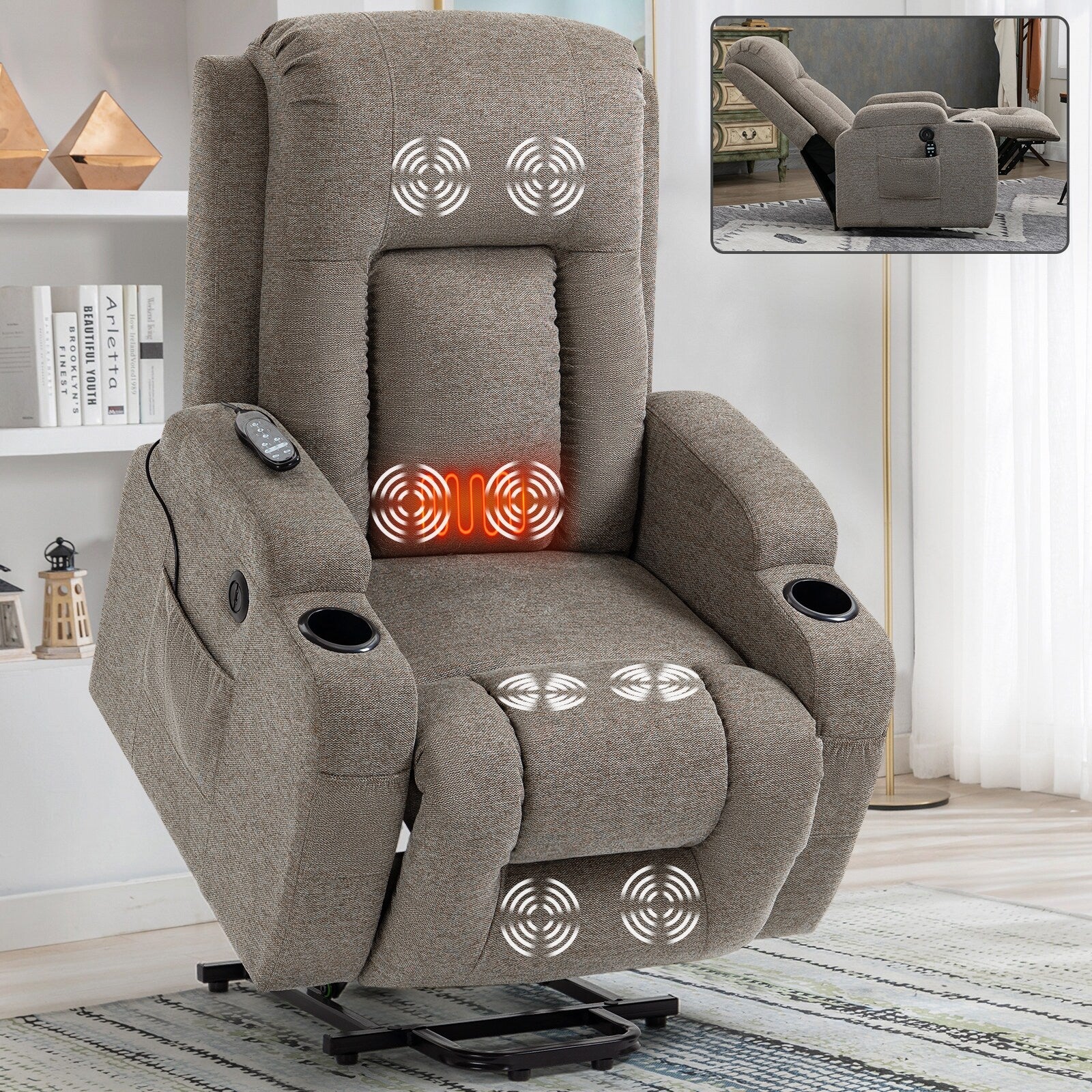 Power Lift Recliner Chair with Massage, Lumbar Heat, USB & Cup Holders