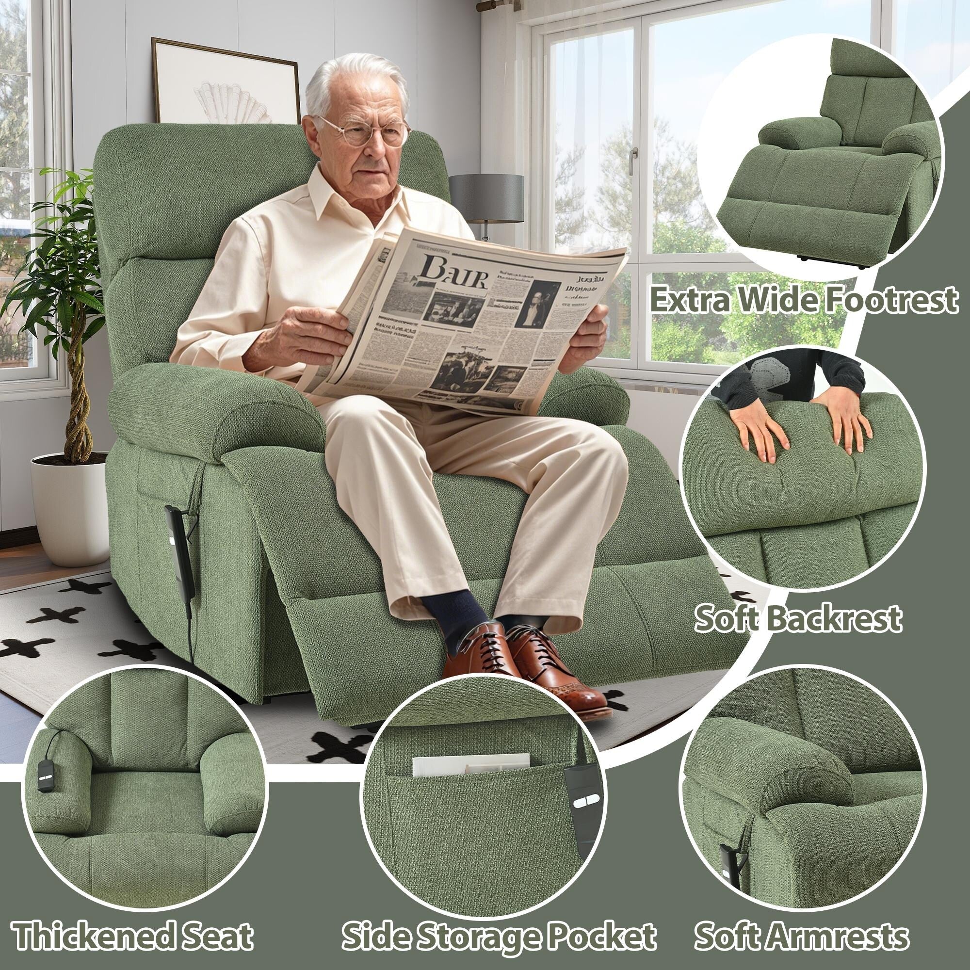 Flannel Power Lift Recliner with Side Pocket