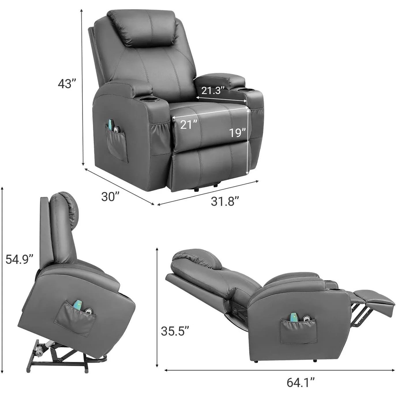 Furniwell Power Lift PU Leather Recliner with Massage and Heating