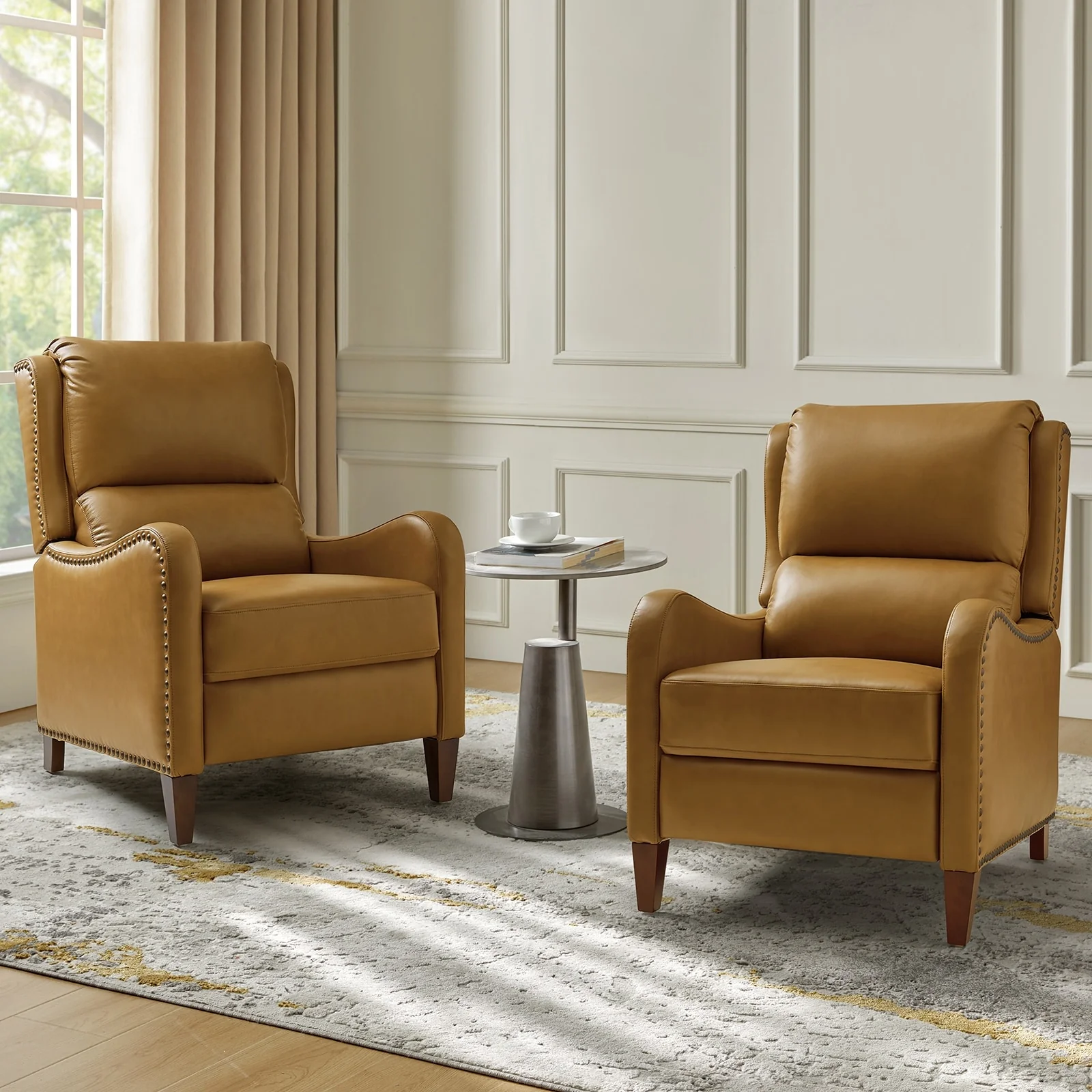 Brigida Modern Genuine Leather Nailhead Trim Recliner with Adjustable Footrest Set of 2 by HULALA HOME