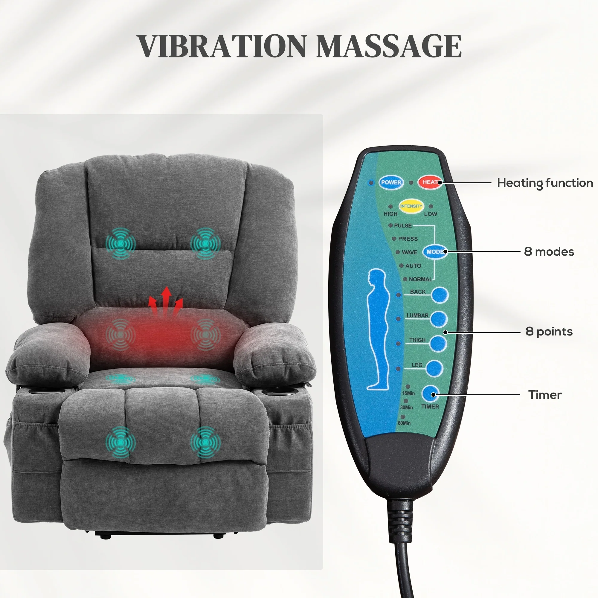 Power Lift Recliner Chair with Vibration Massage, Heating, Remote Control, Quick Assembly, and Side Pockets