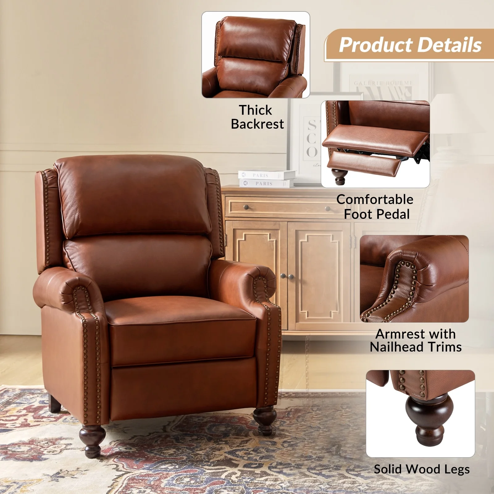 Gabriela Mid-Century Modern Genuine Leather Recliner Nail Head Trim Set of 2 by HULALA HOME