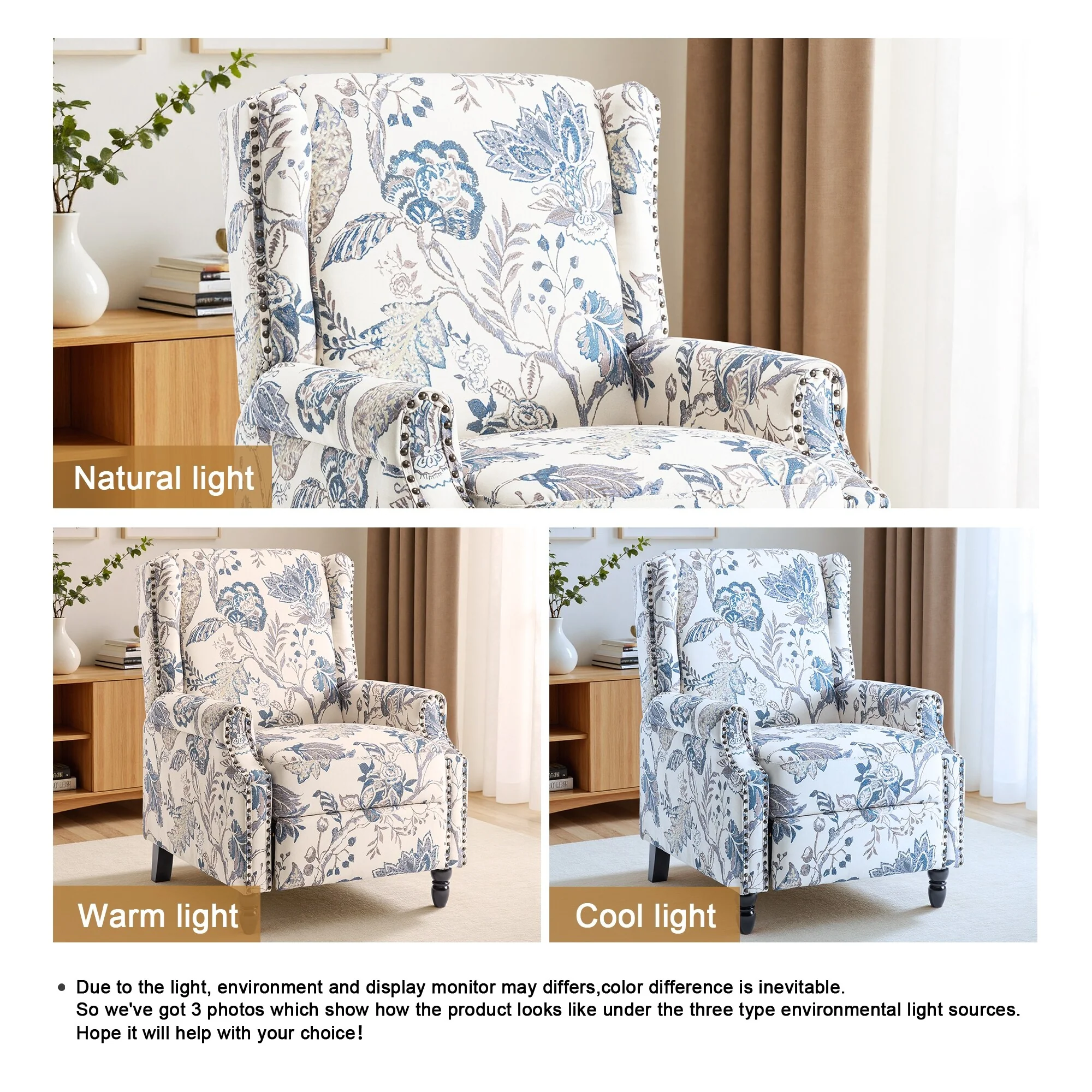 Linen Manual Upholstered Recliner with Wood Legs