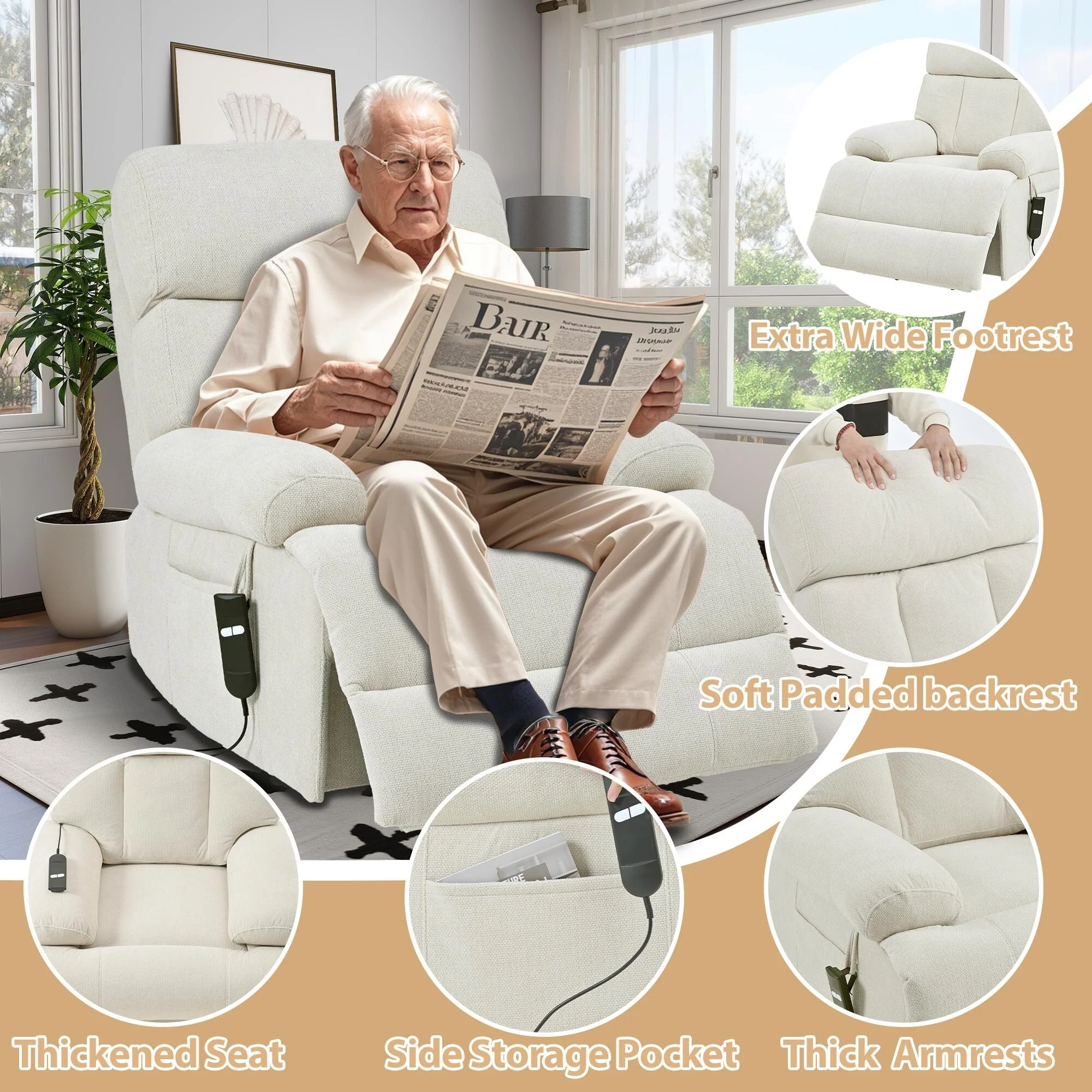 Oversized Power Lift Recliner Chair For Elderly,Reclining Sofa Chair With Remote Control,Side Pocket,Spacious Seat