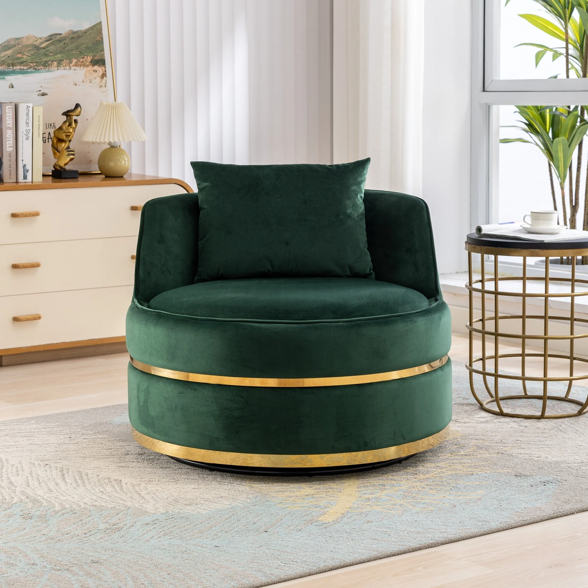 Velvet 360�� Swivel Accent Chair with Seat Cushion, Upholstered Barrel Chair with Stainless Steel Base Living Room Chair