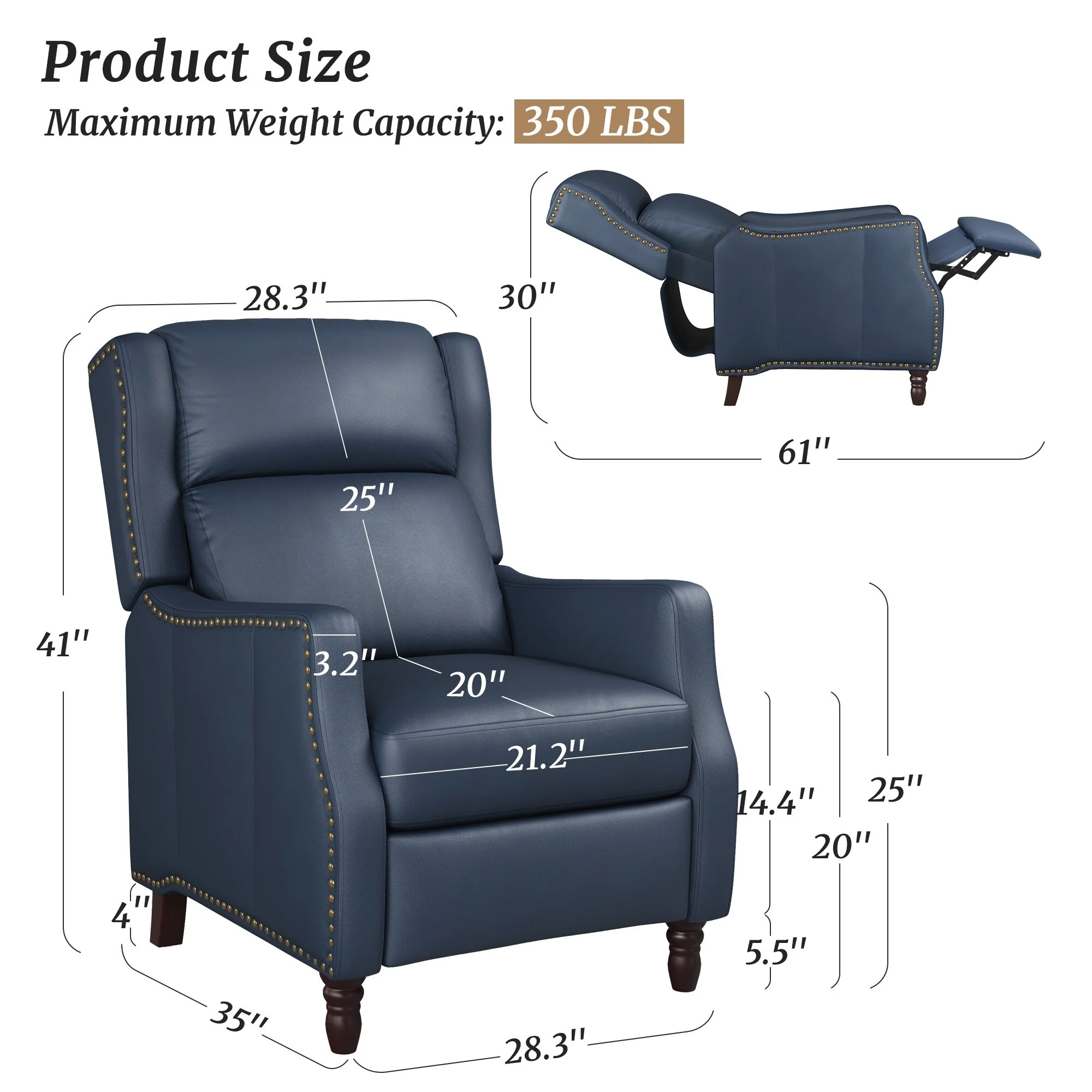 COZYMAN Modern Genuine Leather Push Back Recliner Adjustable Recliner Chair with 3-Position Seat