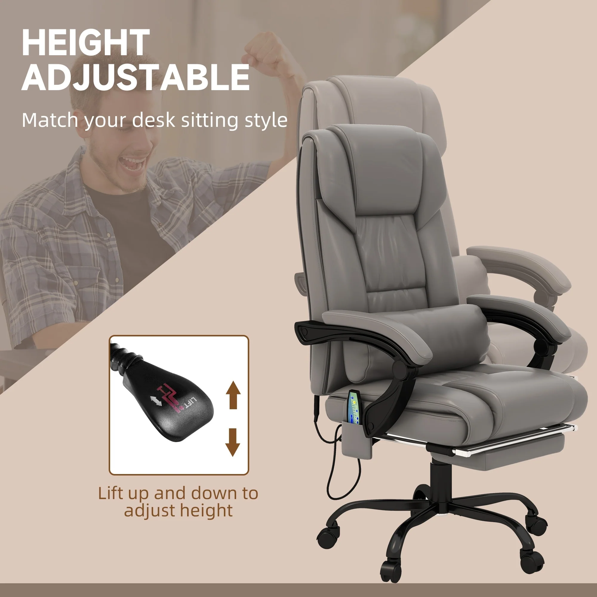 Executive Leather Desk Chair with 6-Point Massage, Adjustable Height, Reclining Back, Footrest & Remote Control