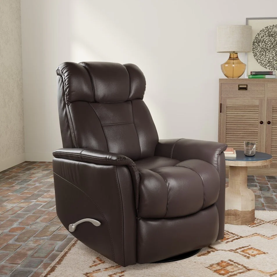 Global Home Swivel Glider Recliner with Manual Adjustable Headrest  Footrest In Faux Leather Bentley