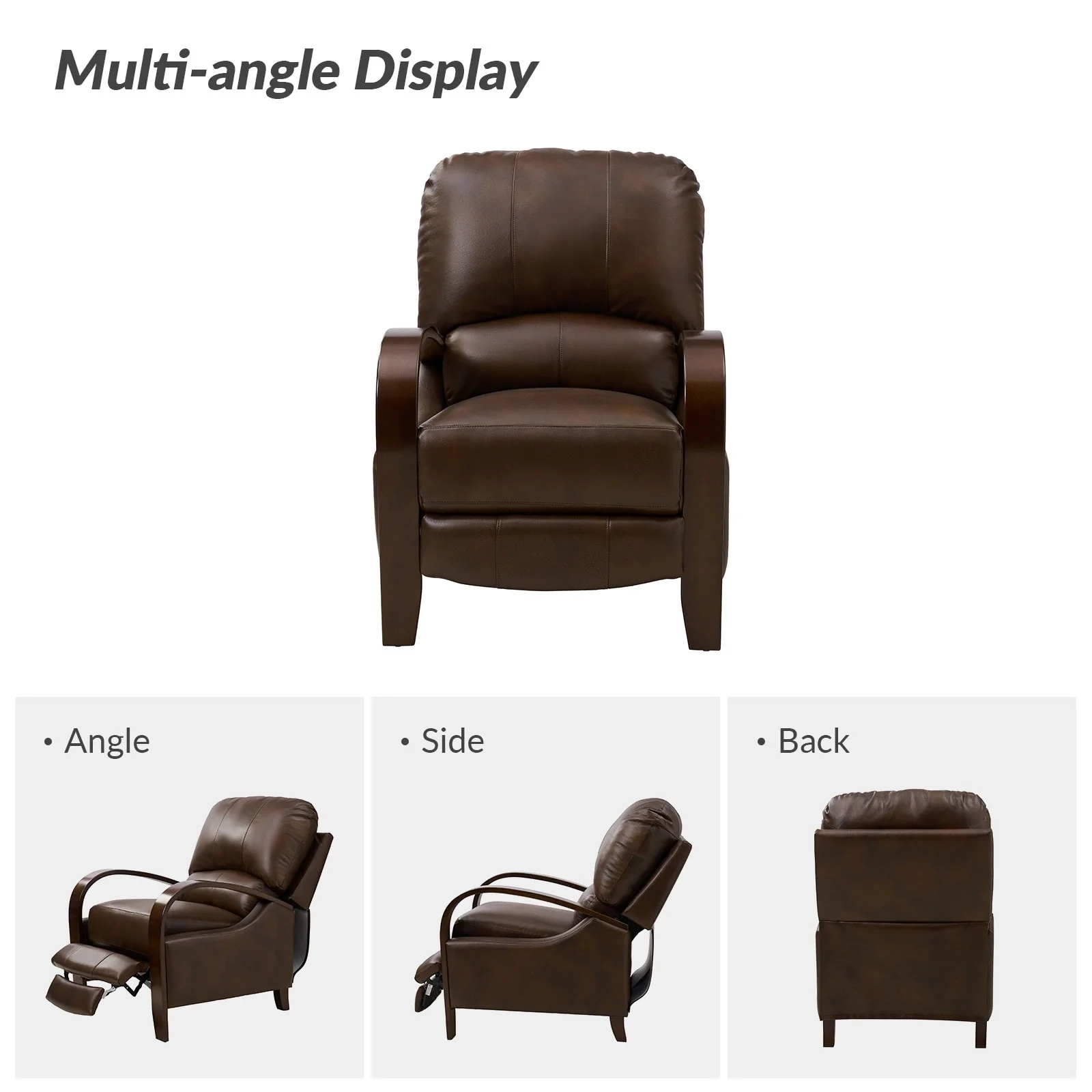 Alex Mid-century Modern Cigar Genuine Leather Manual Recliner with Wooden Curved Arms