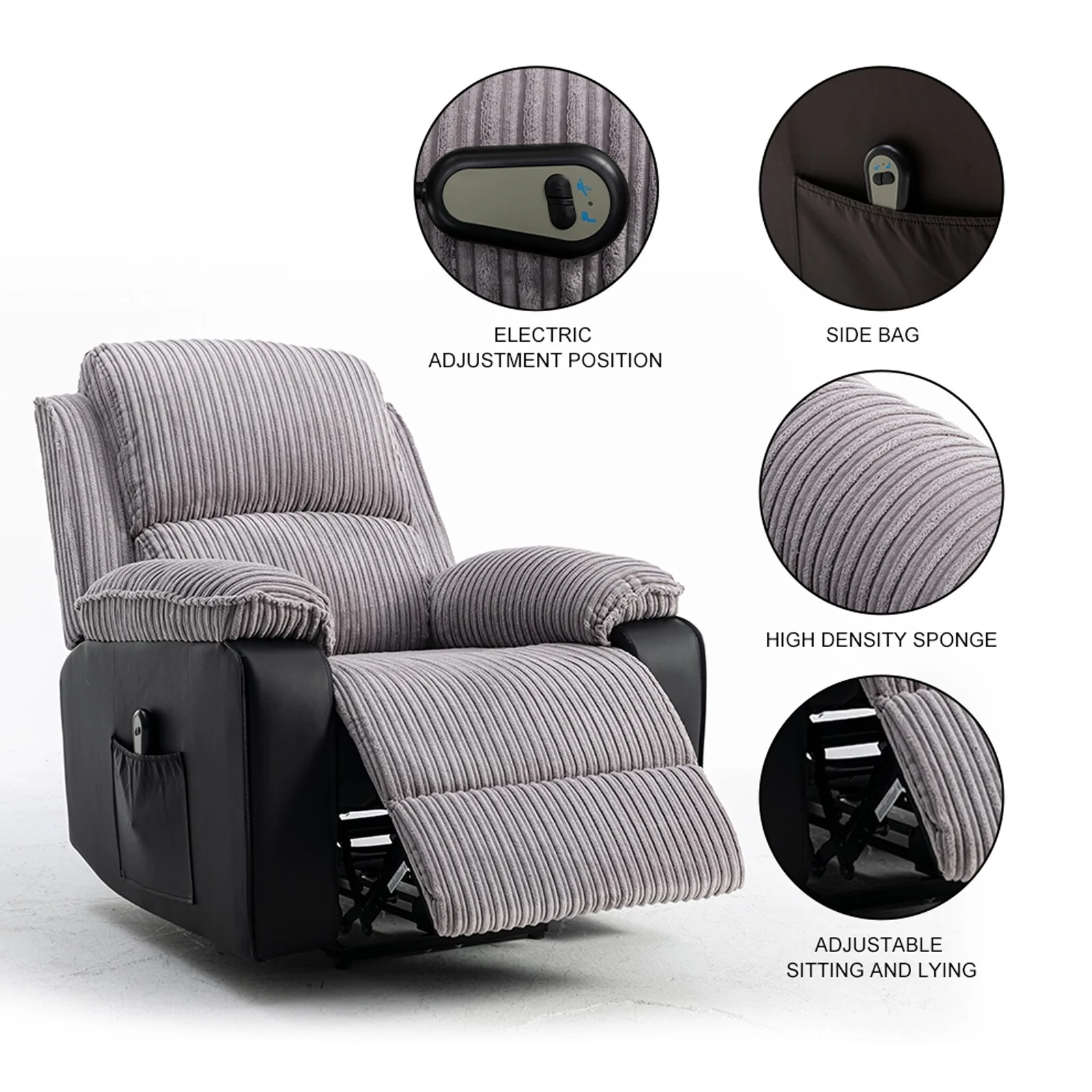 Grey Adjustable Fabric Recliner with Remote Control
