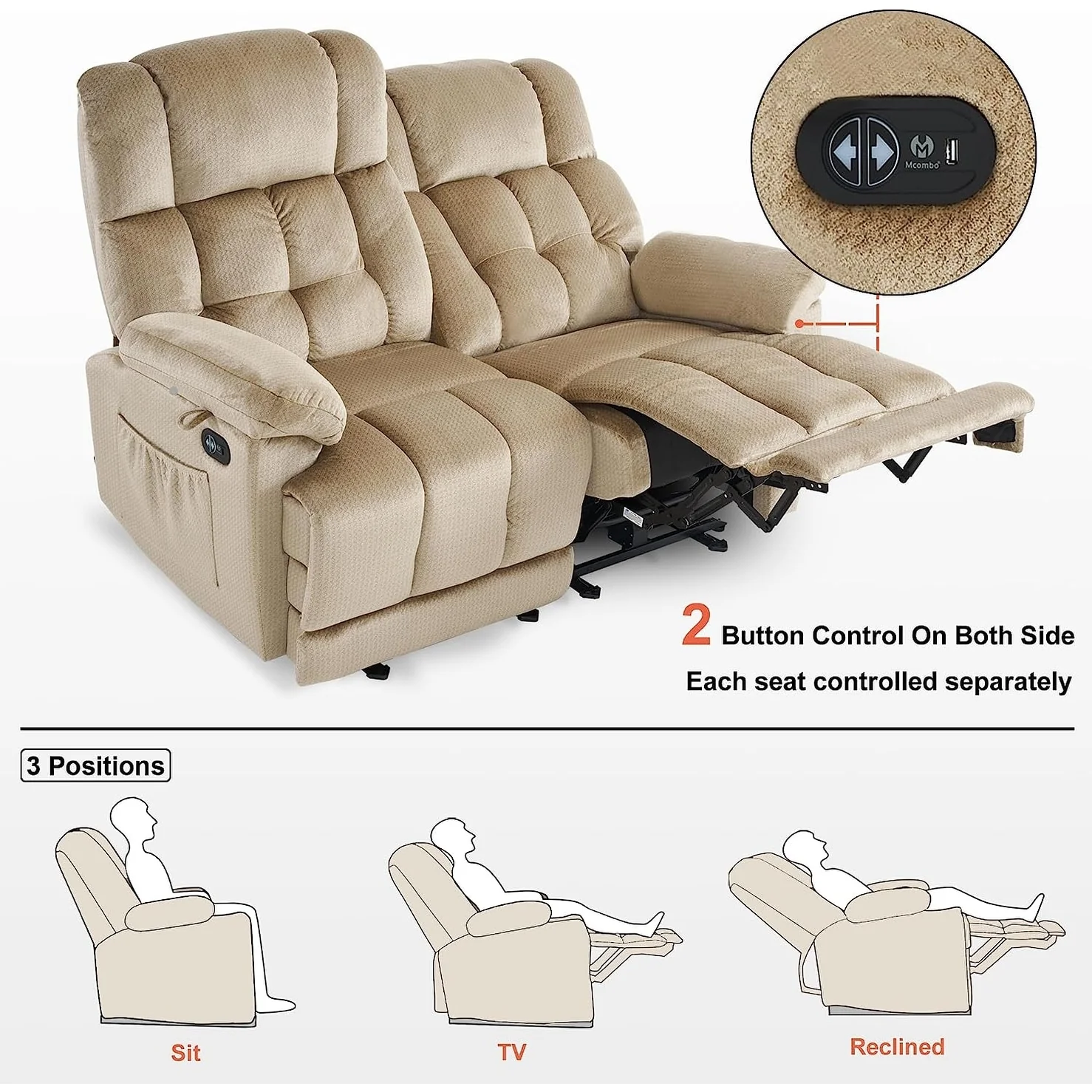 MCombo Electric Power Reclining Loveseat Sofa with Heat and Massage, Fabric 6237
