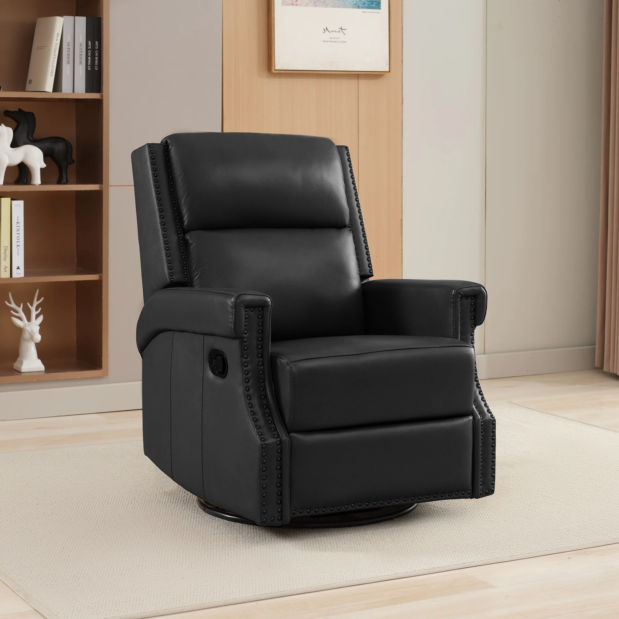Genuine Leather Manual Rocking Recliner with 360-degree Metal Swivel Base