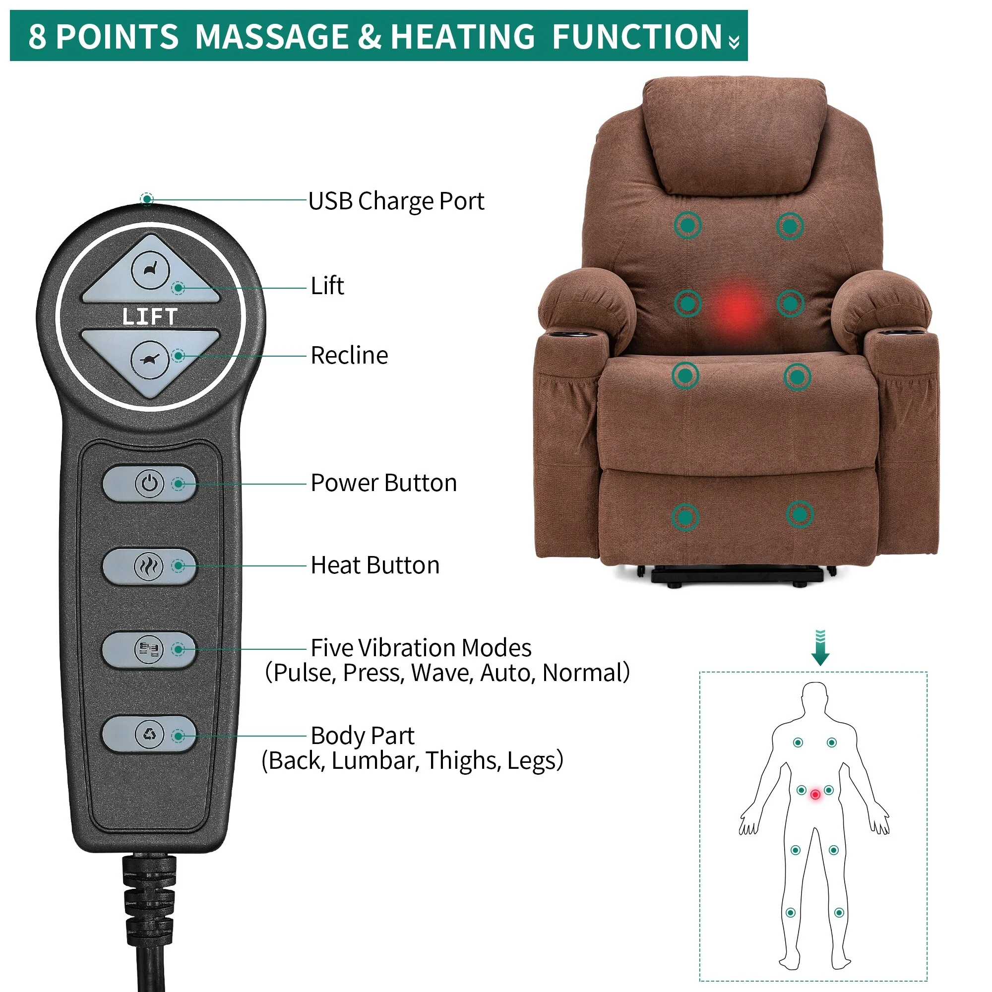 Modern Off White Reclining Chair Faux Leather/Fabric Massage