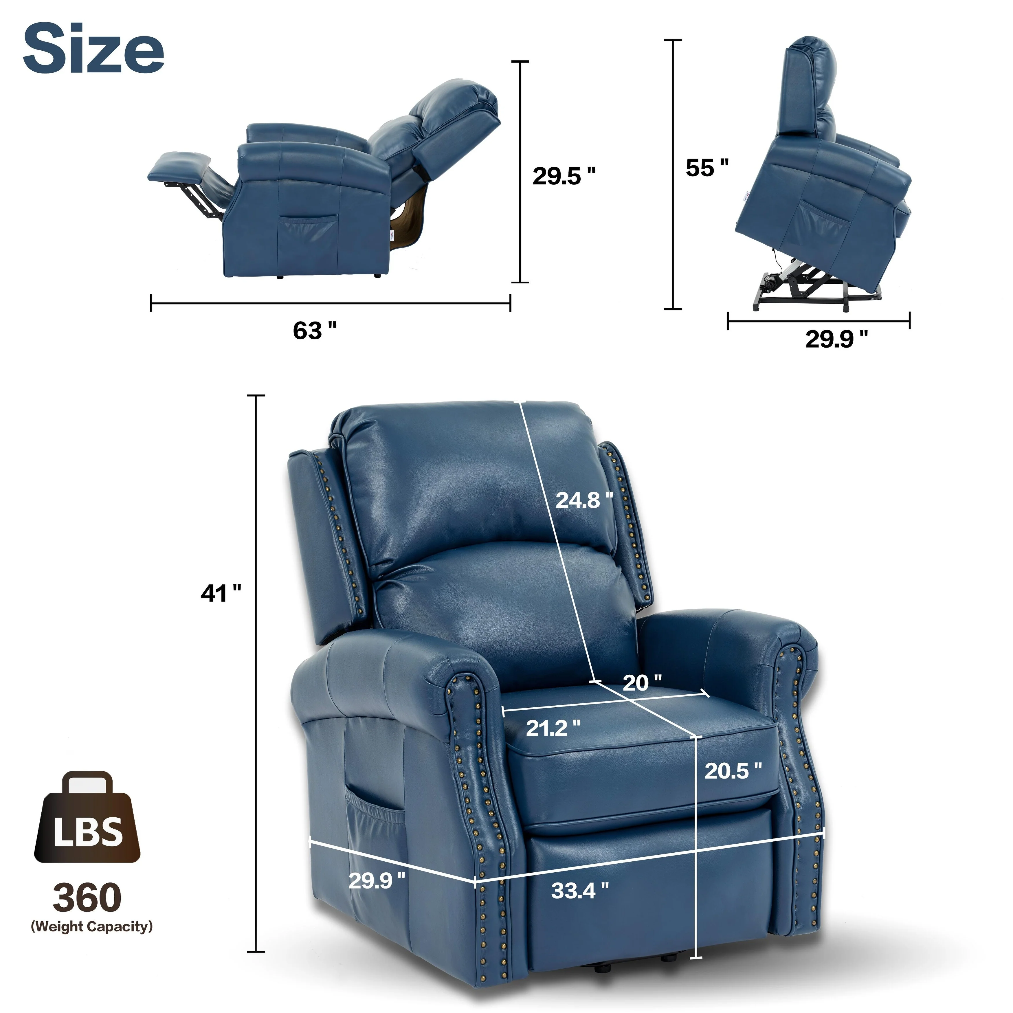 Blue Electric Power Lift Recliner with Massage, Heat, USB, and Side Pocket