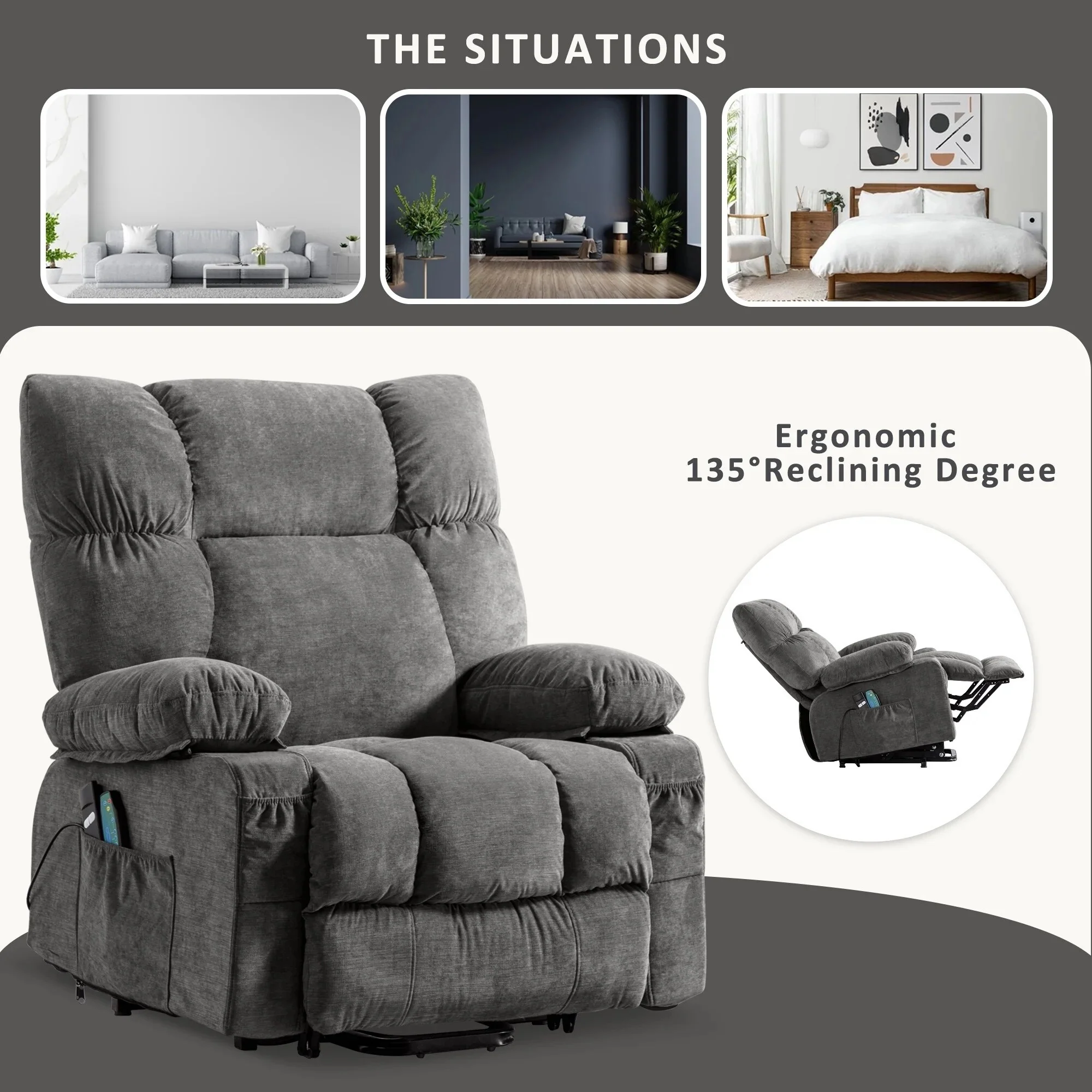Blue Power Lift Recliner Chair with Heat, Massage, USB Charging, Side Pockets and Remote Control