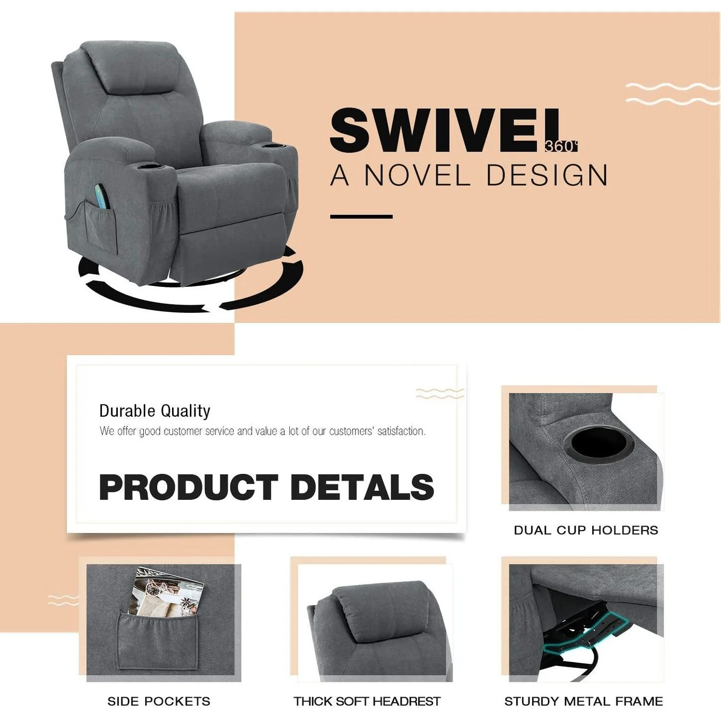 Furniwell Rotary Massage Heated Function Recliner Fabric Whirl