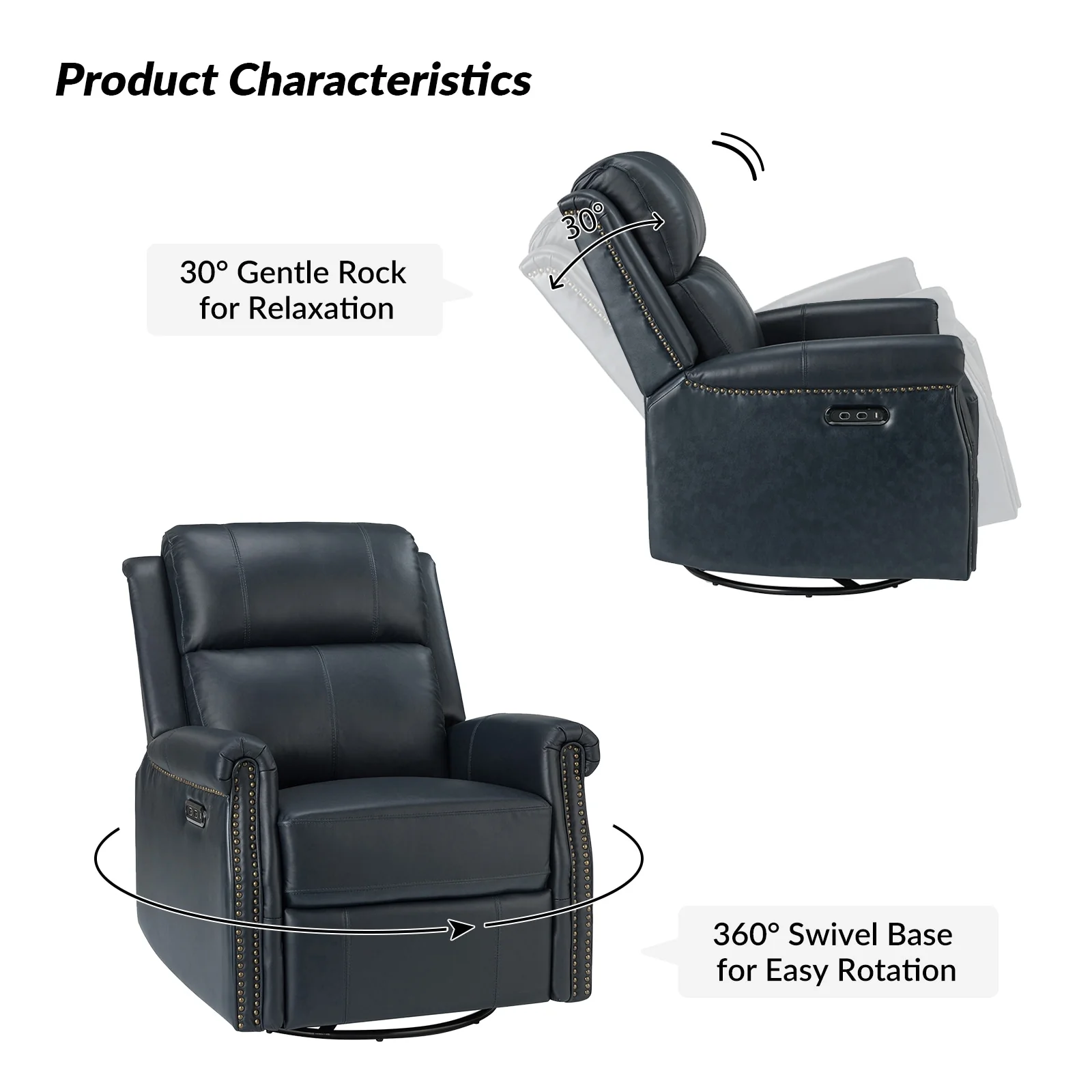 Renato Traditional Genuine Leather Nailhead Power Swivel Recliner Chair with Metal Base Set of 2 by HULALA HOME