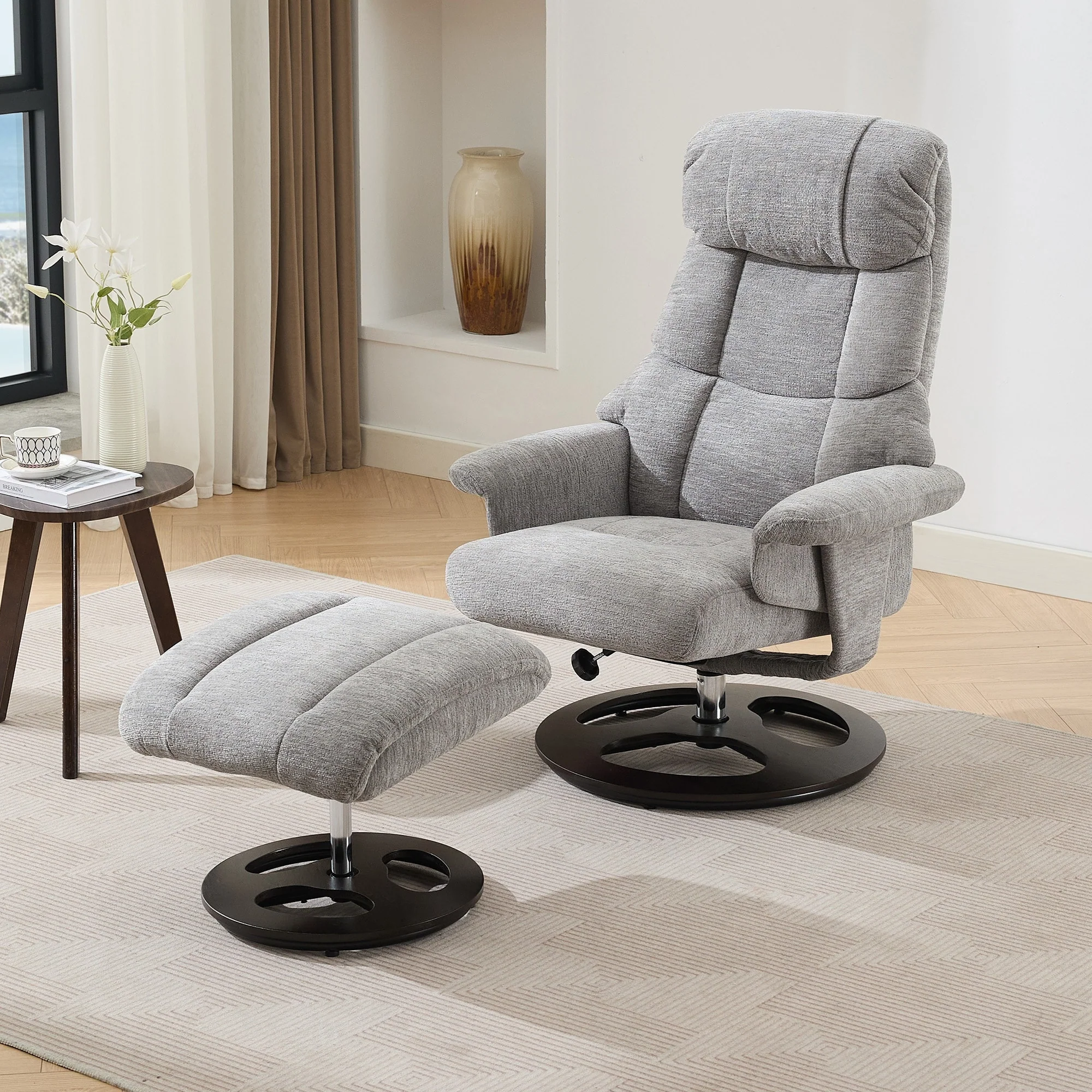 360�� Swivel Ergonomic Recliner Chair with Ottoman, Adjustable Backrest, 5 Vibration Massage, Seat Heating, Chenille Fabric