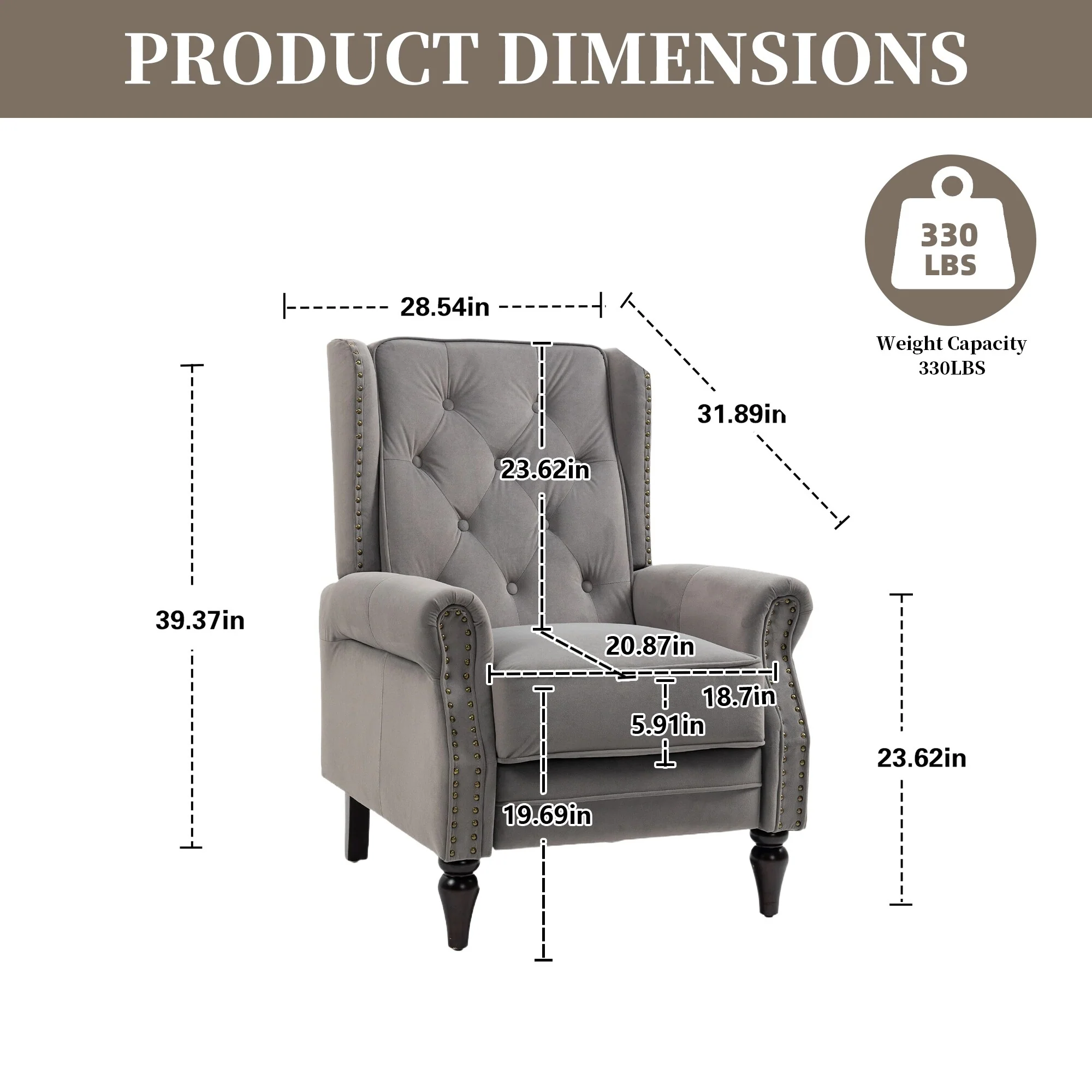 Velvet Upholstered Nailhead Tufted Recliner Chair with Black Legs