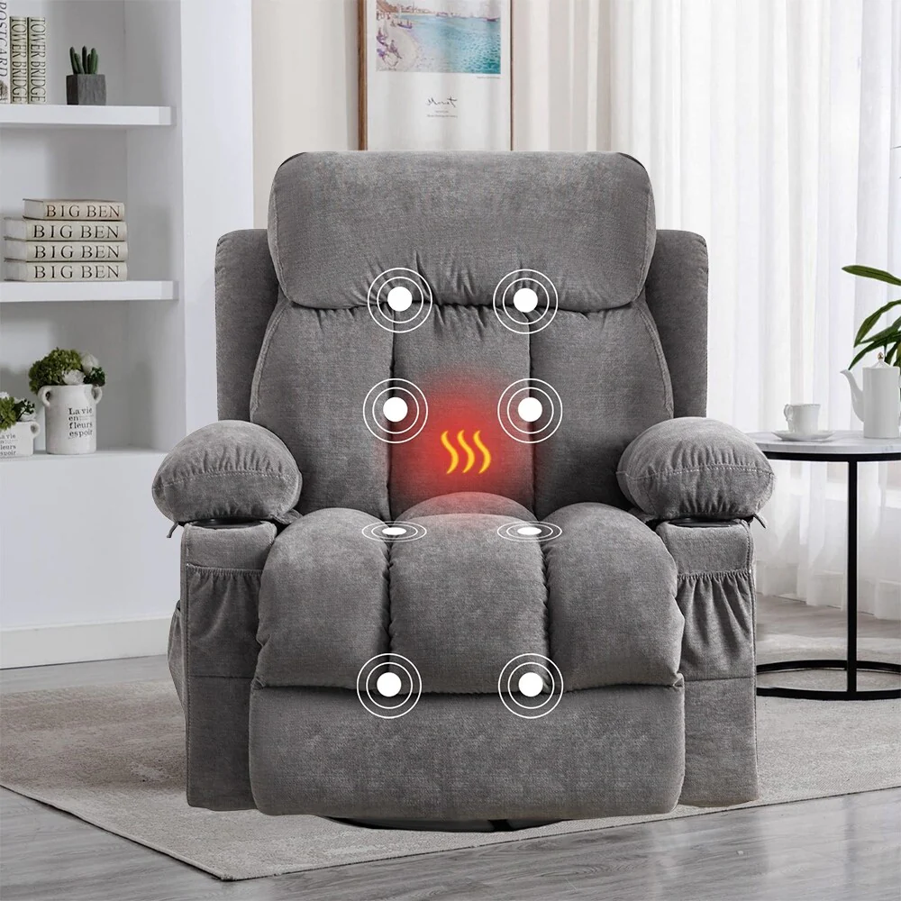 Massage 360 Swivel Rocker Recliner Chair, Heating, Cup Holders, USB