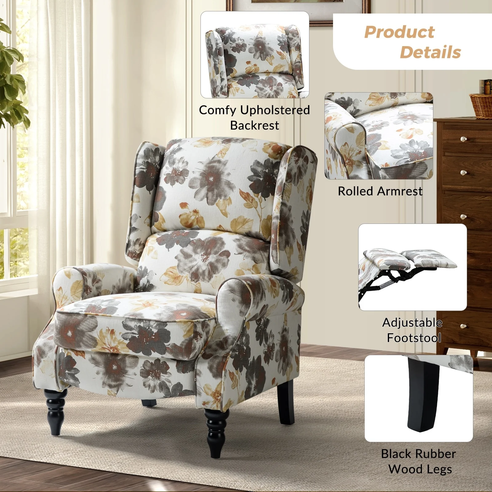 Olympus Upholstered Classic Manual Wingback Recliner with Solid Wood Legs Set of 2 by HULALA HOME