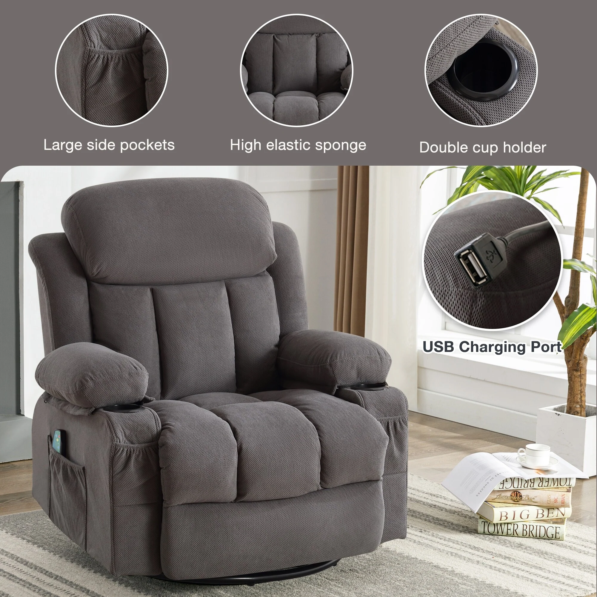 Dotted Velvet Massage Heated Manual Recliner Chair w/360�� Swivel Base