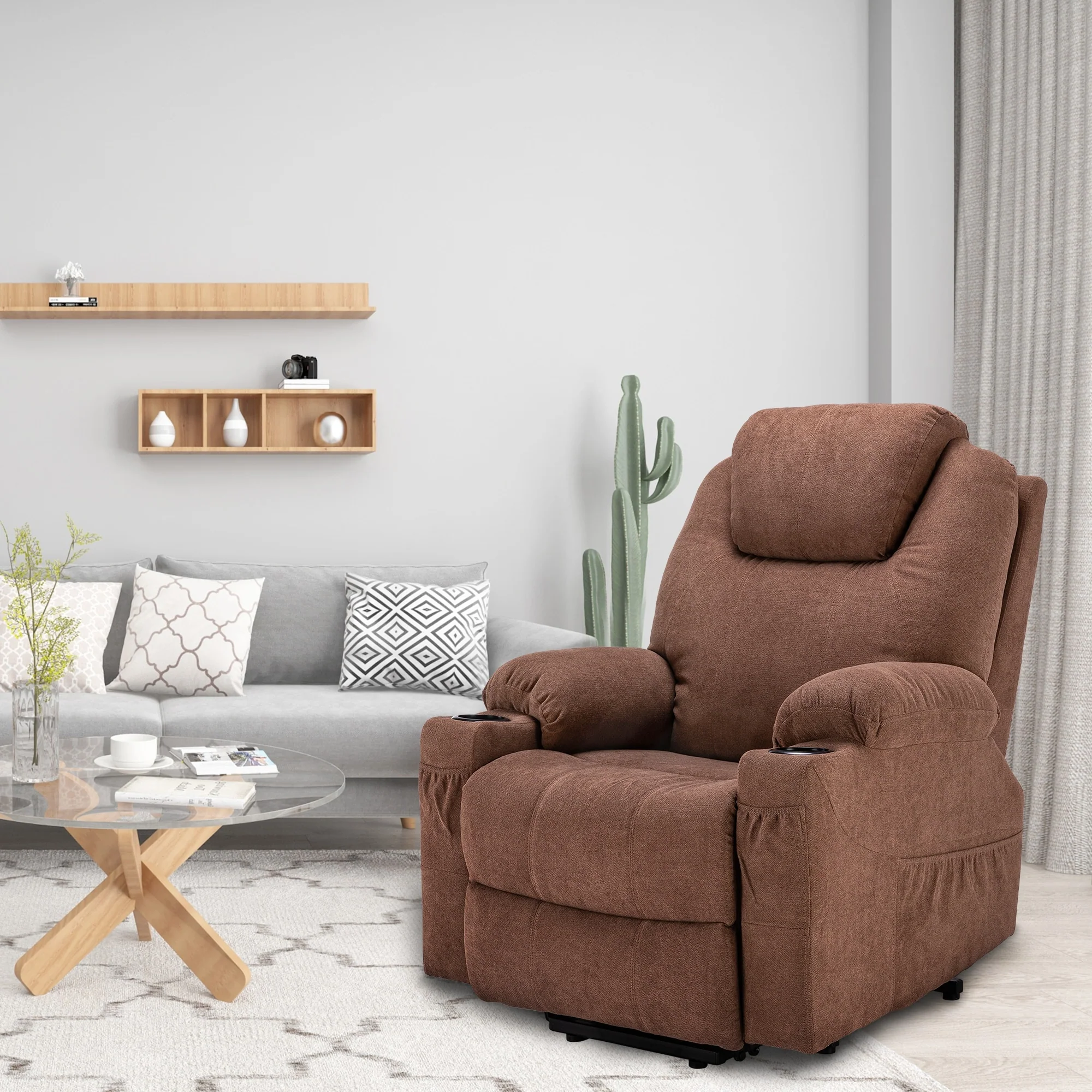 Modern Off White Reclining Chair Faux Leather/Fabric Massage