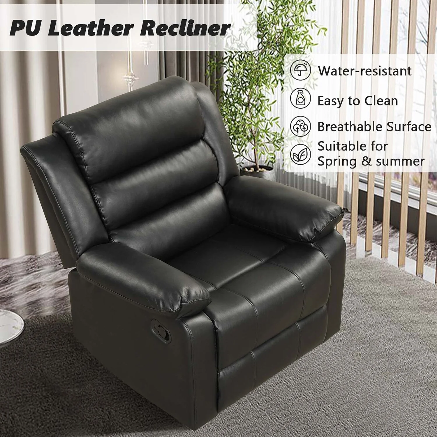Breathable PU Leather Manual Recliner Chair with Overstuffed Arm and Back