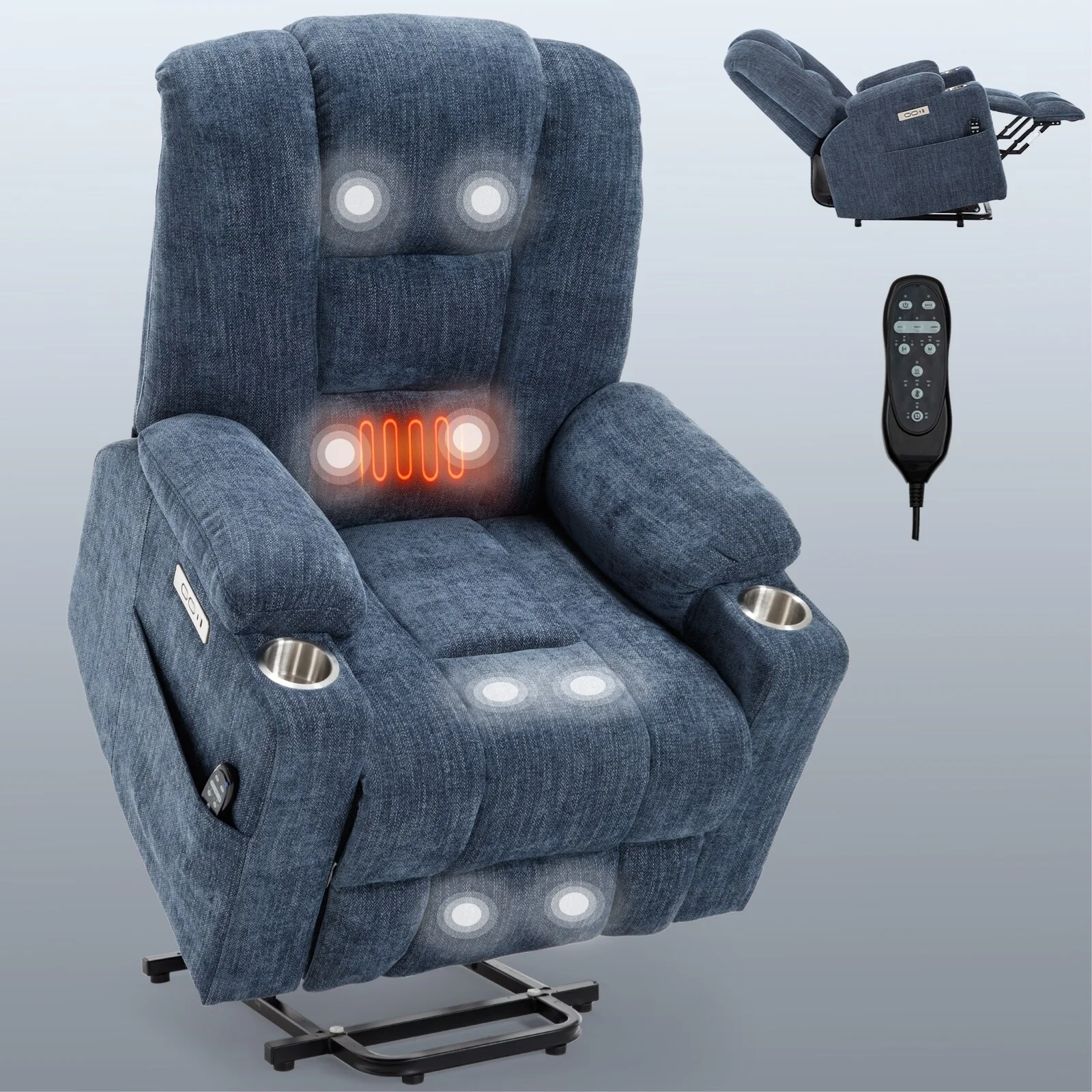 Power Lift Recliner Chair with Dual USB, Cup Holders & Chenille Fabric