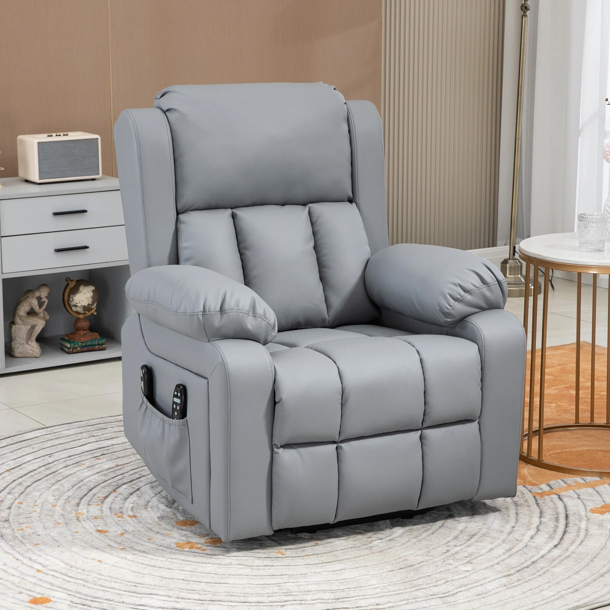 Grey PU Leather Electric Lift Recliner with Vibration Massage, Heating, Remote Control, and Convenient Side Pockets