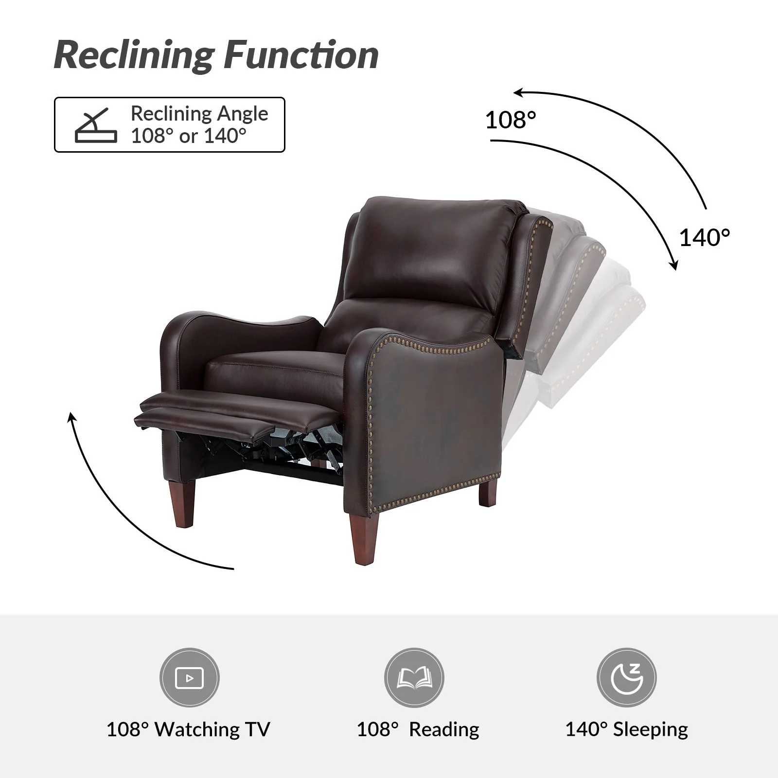 Brigida Modern Genuine Leather Nailhead Trim Recliner with Adjustable Footrest Set of 2 by HULALA HOME