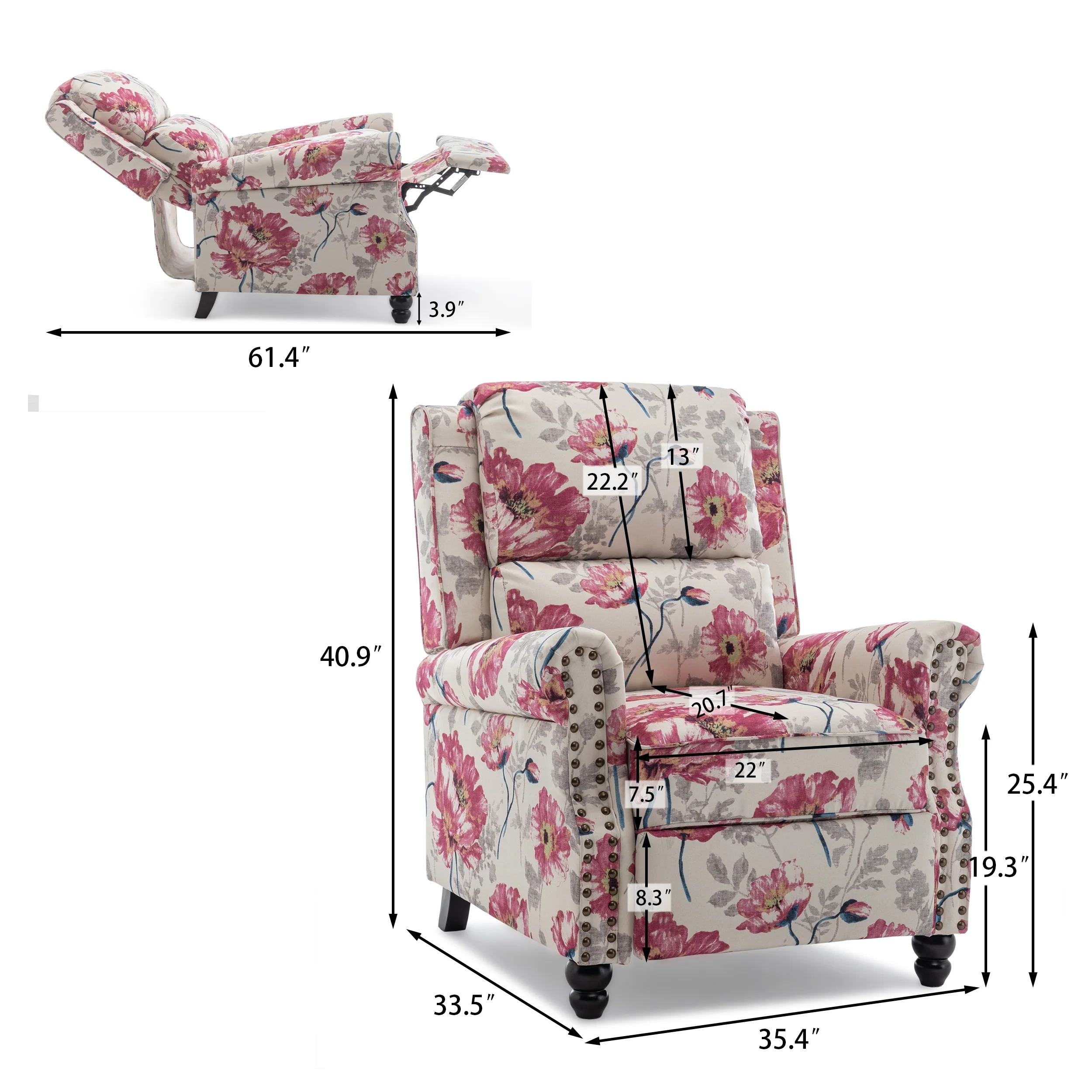 2 Set Manual Pushback Recliner Chair with Nailhead Trim