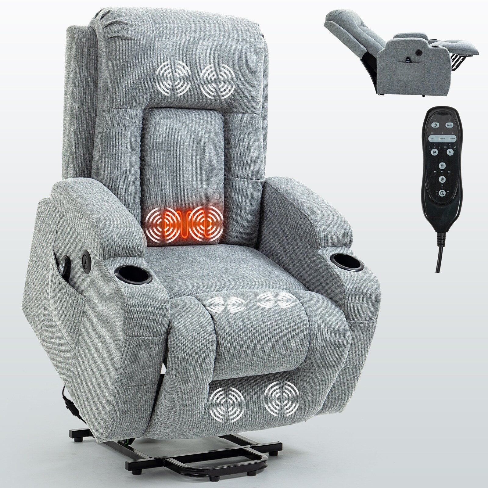 Grey Power Lift Recliner with Massage, Heat  Cup Holders