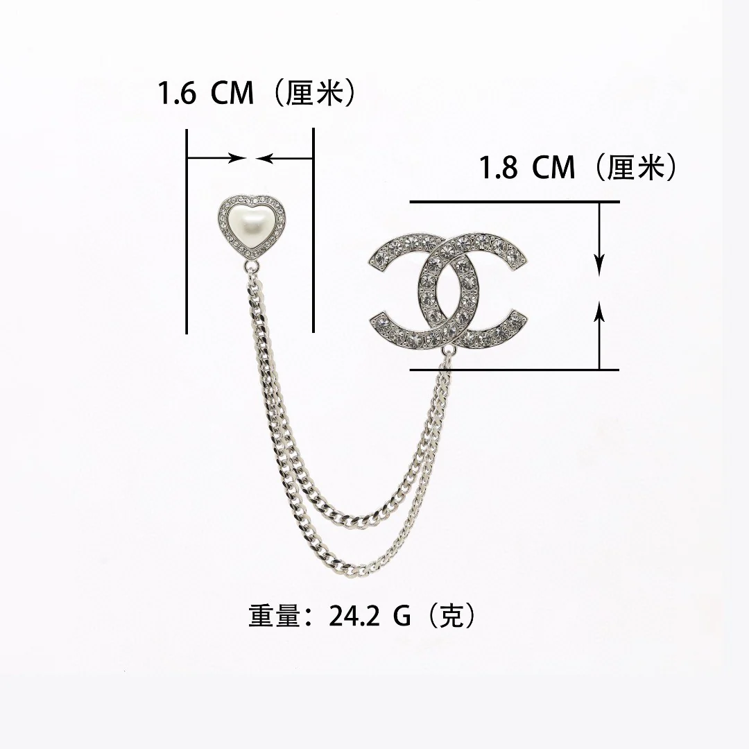 BCB105 Crystal CC Logo and heart with chain tassels brooch - ccjewelryacc