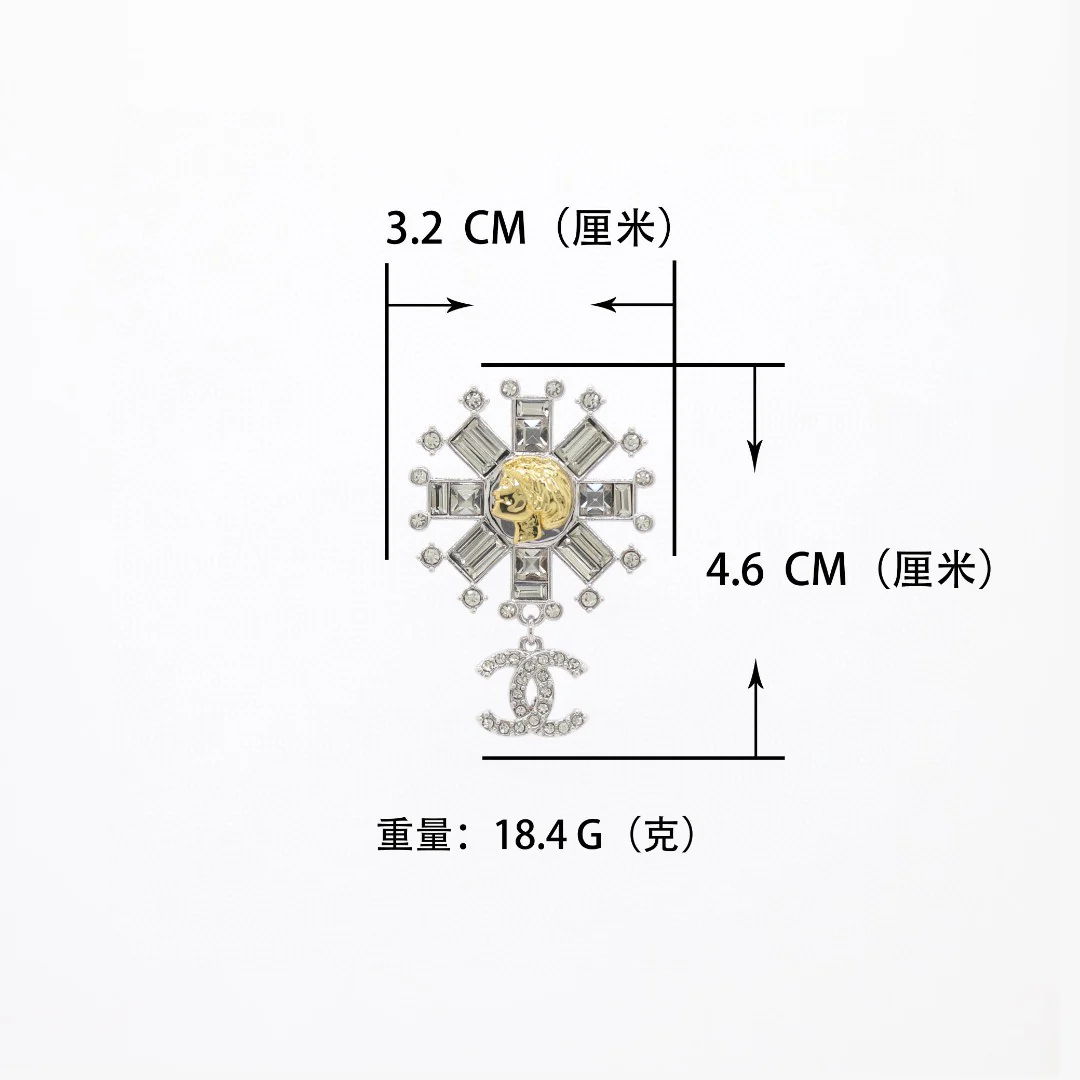 BCB275 White Gold rhinestone snowflake with gold coco  Lady head dropping Crystal cc logo brooch pin - ccjewelryacc