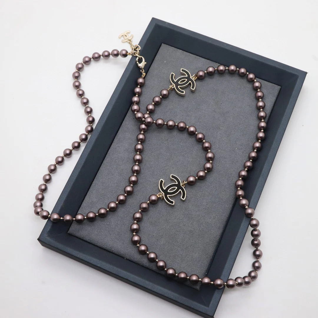 CCL302 Matte Coffe color pearl black enamel double C long chain sweater necklace - ccjewelryacc