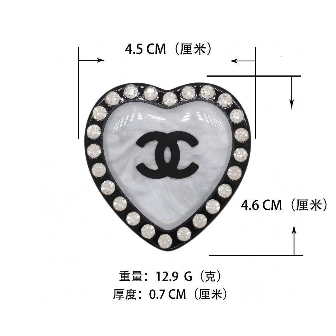 BCB309 Black and white color acrylic marbling crystal heart shape with cc logo brooch pin - ccjewelryacc