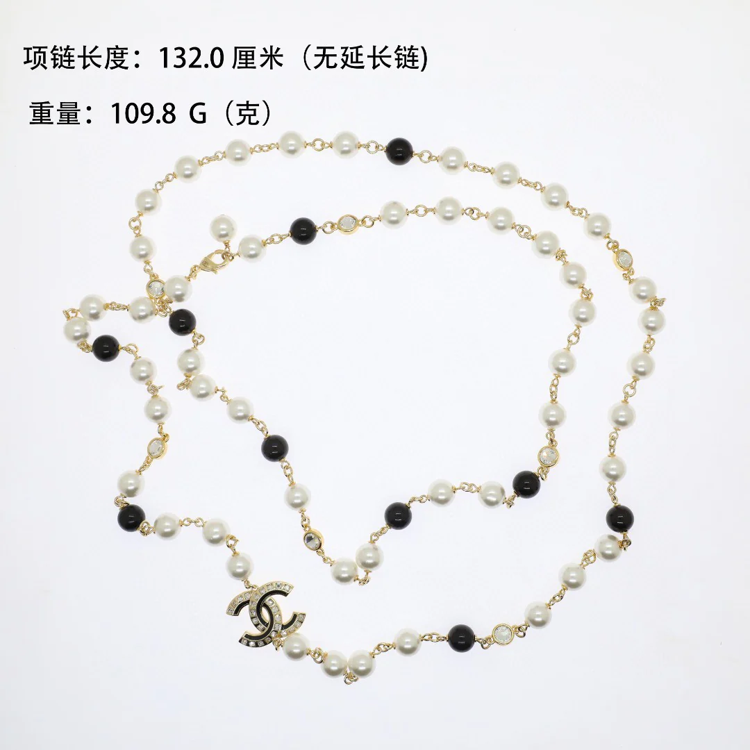 CCL264 Black and white pearl with crystal enamel CC logo long sweater chain necklace - ccjewelryacc