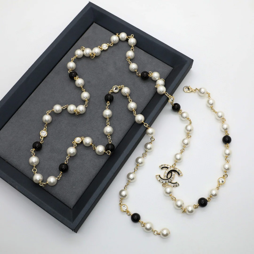 CCL264 Black and white pearl with crystal enamel CC logo long sweater chain necklace - ccjewelryacc
