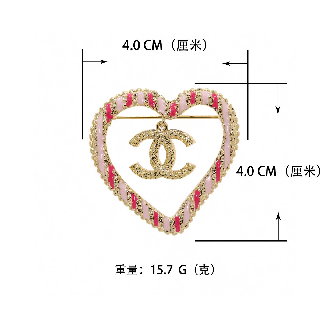 BCB320 Pink striped hollow-out heart double C pendant brooch - ccjewelryacc