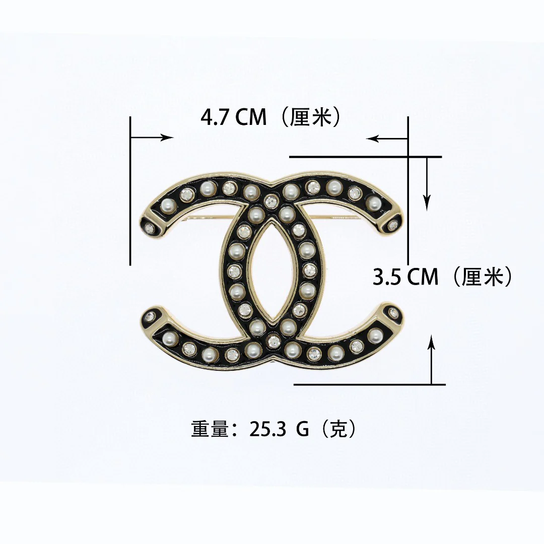 BCB288 Black enamel with crystal and pearl CC logo brooch pin - ccjewelryacc