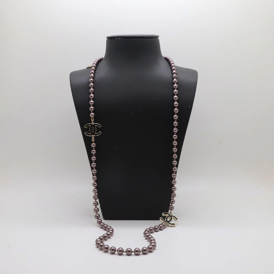 CCL302 Matte Coffe color pearl black enamel double C long chain sweater necklace - ccjewelryacc