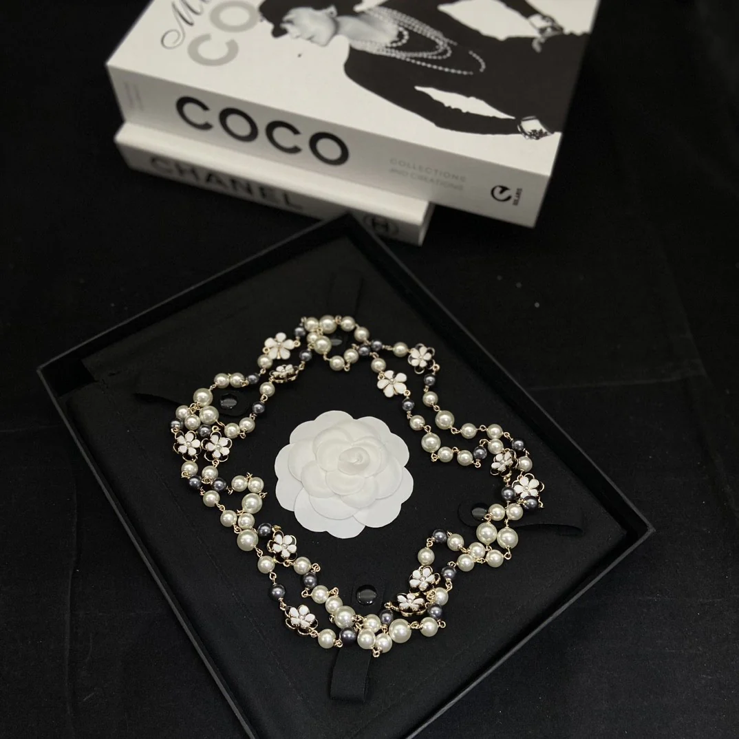 CCL240 camellia flower long pearl sweater chain necklace - ccjewelryacc