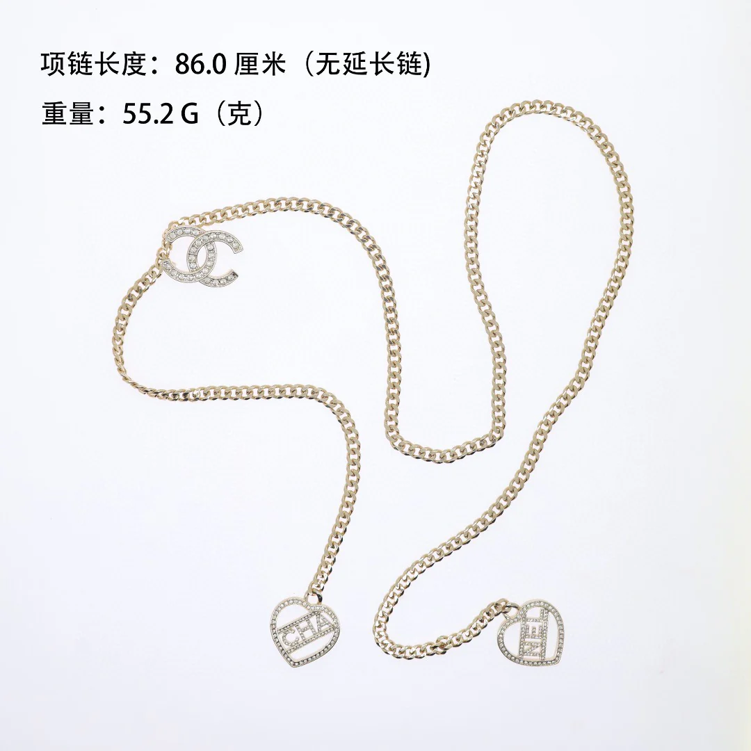 CCL291 Double heart with cc logo long chain tassels sweater necklace - ccjewelryacc