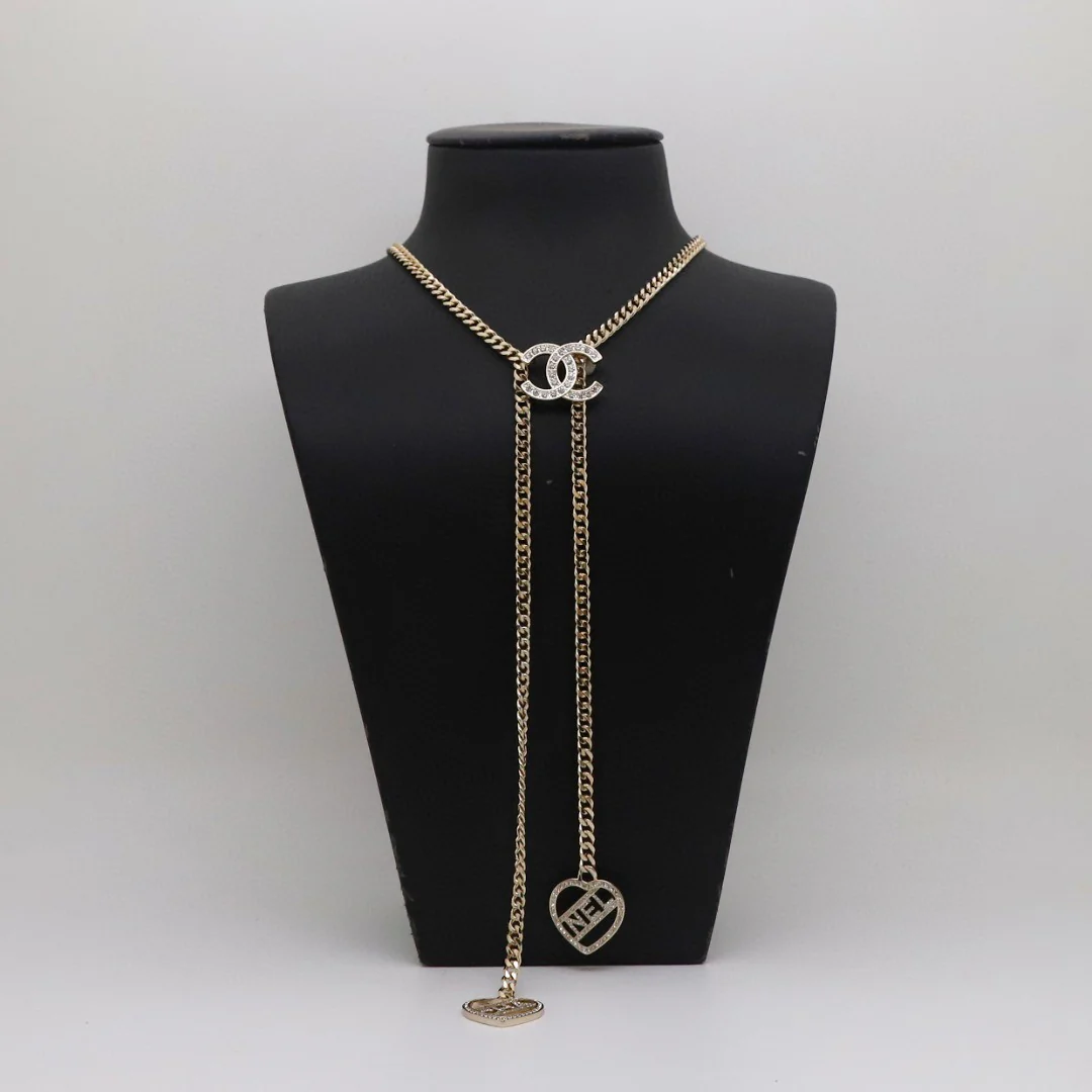 CCL291 Double heart with cc logo long chain tassels sweater necklace - ccjewelryacc