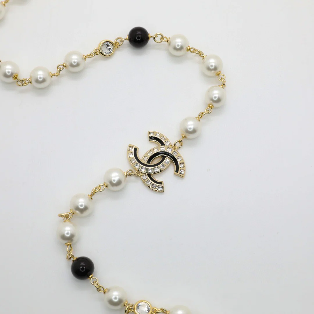 CCL264 Black and white pearl with crystal enamel CC logo long sweater chain necklace - ccjewelryacc